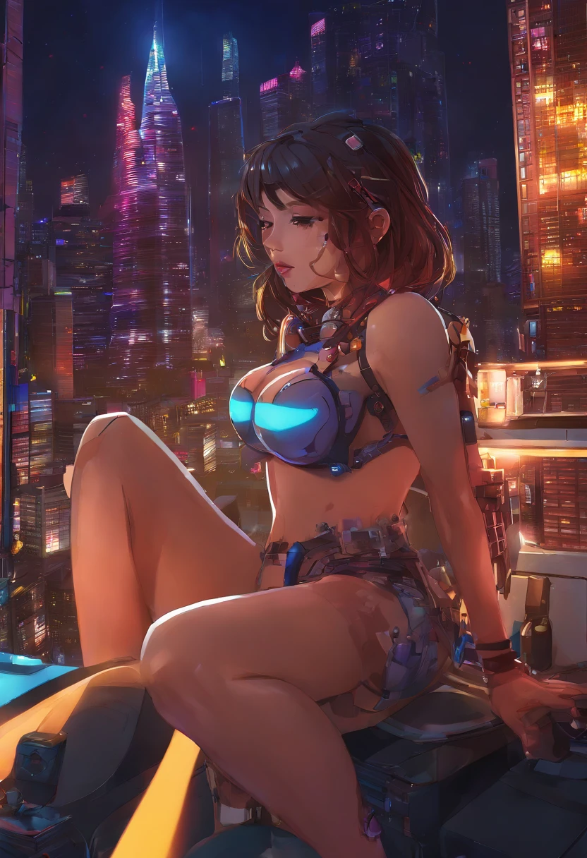Best Quality、Night view outside the window、Light brown skin、s Pajamas、cleavage of the breast、short-hair、femele、独奏、Very cute、、Midnight、Brown hair、、I want to blush、bending forward、Bedroom、Wink、twinkling、Kamimei、Sit on the bed、Girl sitting