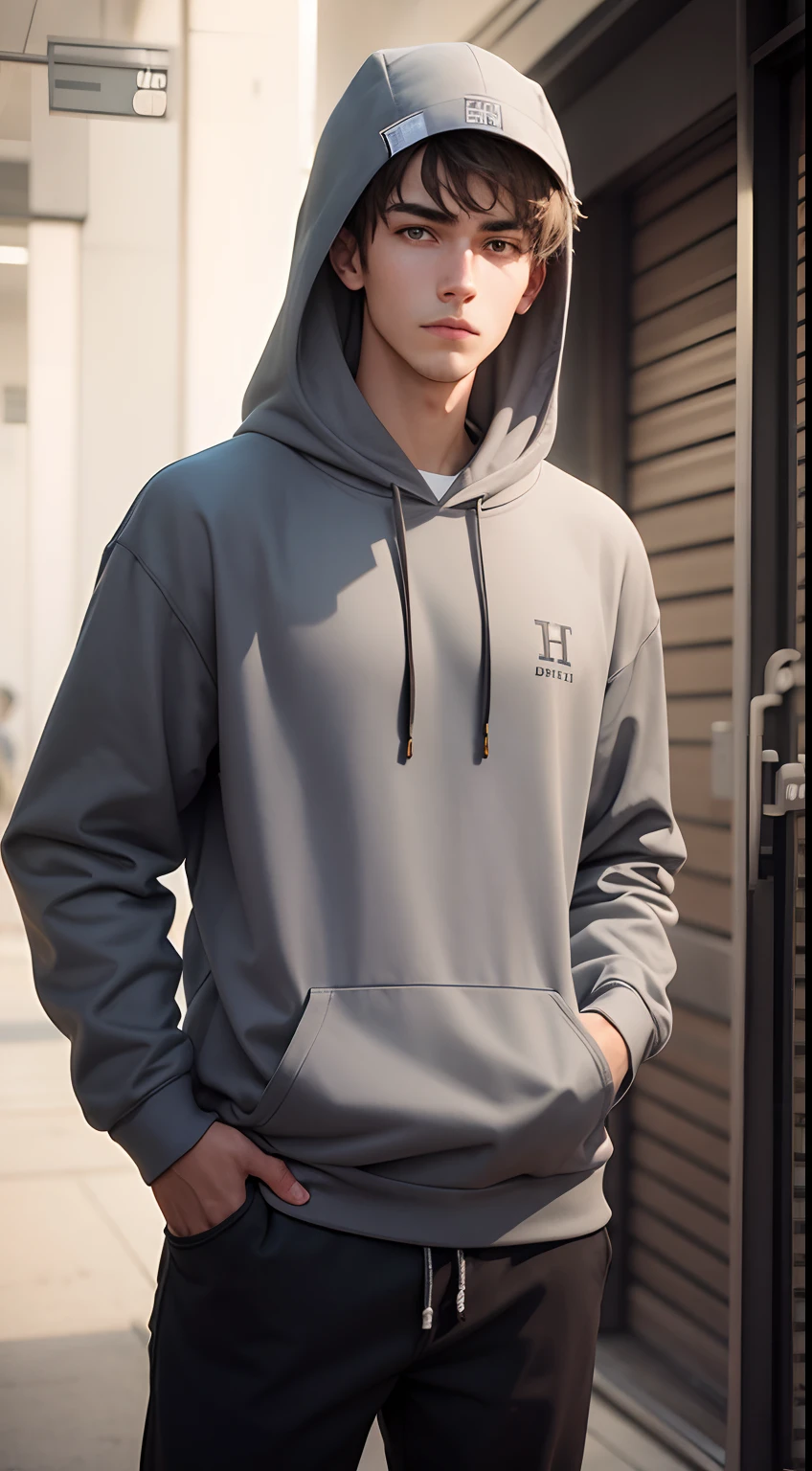 Guy, Student, wearing a gray hooded sweatshirt, stands, is looking at the camera