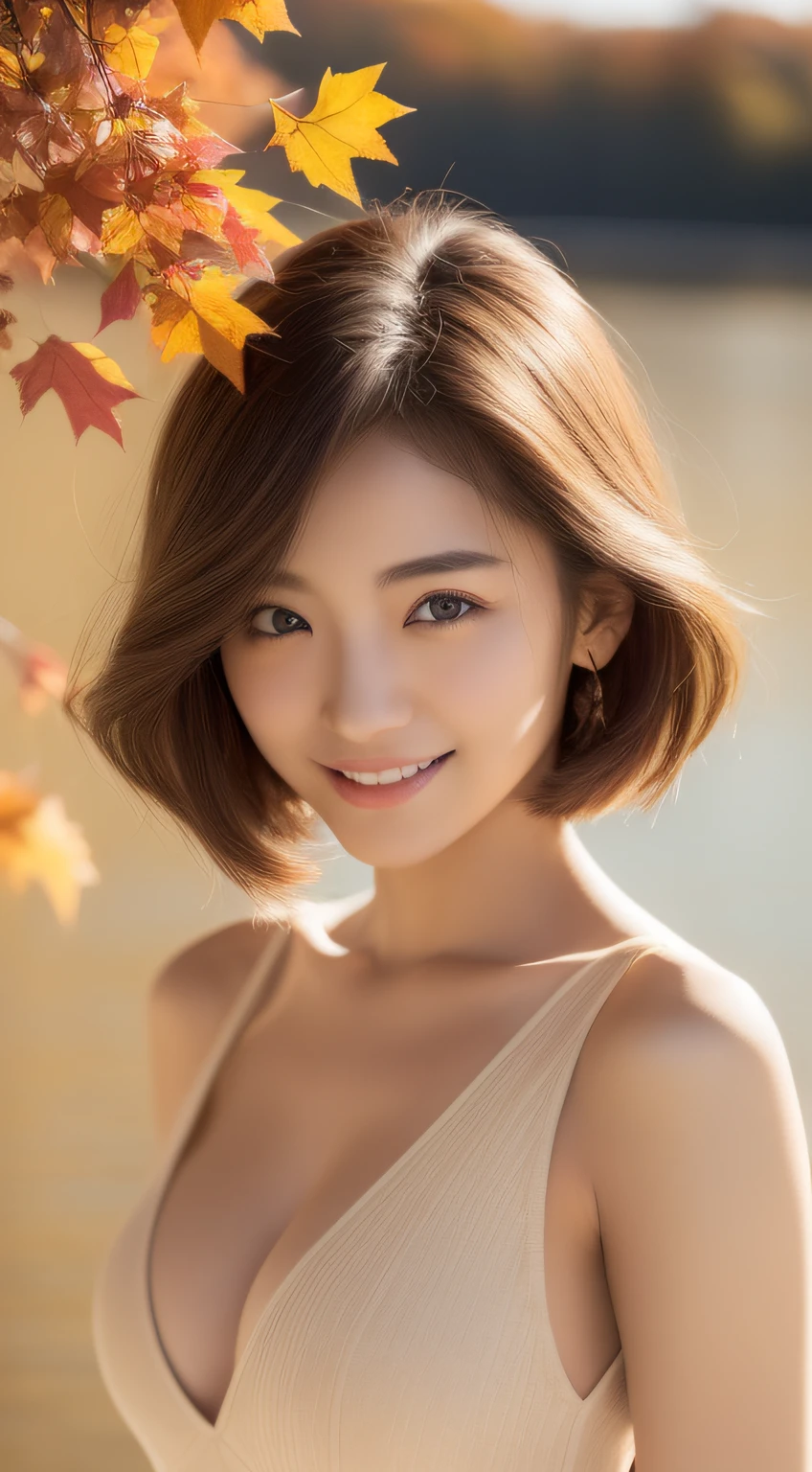 (photographed:1.2)、(Photorealsitic:1.4)、(masterpiece:1.3)、(top-quality:1.4)、超A high resolution、(A detailed eye)、(detailed facial features)、(detailed clothes features)、8K分辨率、solofocus、bangss、Double eyelids、Beautiful lips、toned legs、(Slender girl)、(a japanese girl)、(Japan Faces)、1 girl in、Slim Beauty:1.3、(((Hair color is ash)))、Delicate hair、((The background is a mountain of autumn leaves々))、((Lake with autumn leaves reflected))、(Girl by the lake)、(((Beige long coat)))、(((White dress)))、(Beautiful breasts:1.2)、Realistic body、de pele branca、Slim body、(short-hair:1.3)、(bangss: 1.2)、Bruising smile、kawaii faces、Lifelike face、Delicate body、((sexy pose))、stunning lighting