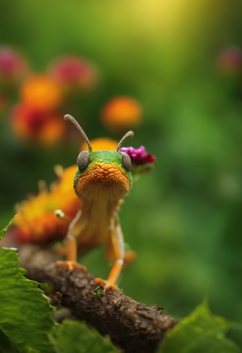 Gere uma imagem de uma lagarta em estado larval pequena, feminina, em um jardim, with vibrant colors and a background that looks like a fairy tale. Make sure the caterpillar is friendly and attractive to children 2-6 .
