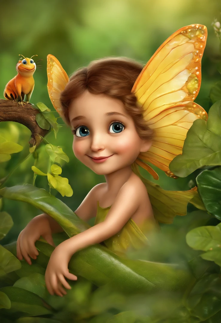 Gere uma imagem de uma lagarta em estado larval pequena, feminina, em um jardim, with vibrant colors and a background that looks like a fairy tale. Make sure the caterpillar is friendly and attractive to children 2-6 .