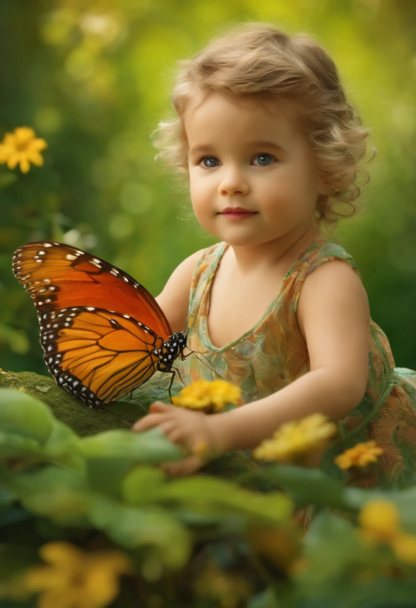 Gere uma imagem de uma lagarta em estado larval pequena, feminina, em um jardim, with vibrant colors and a background that looks like a fairy tale. Make sure the caterpillar is friendly and attractive to children 2-6 .