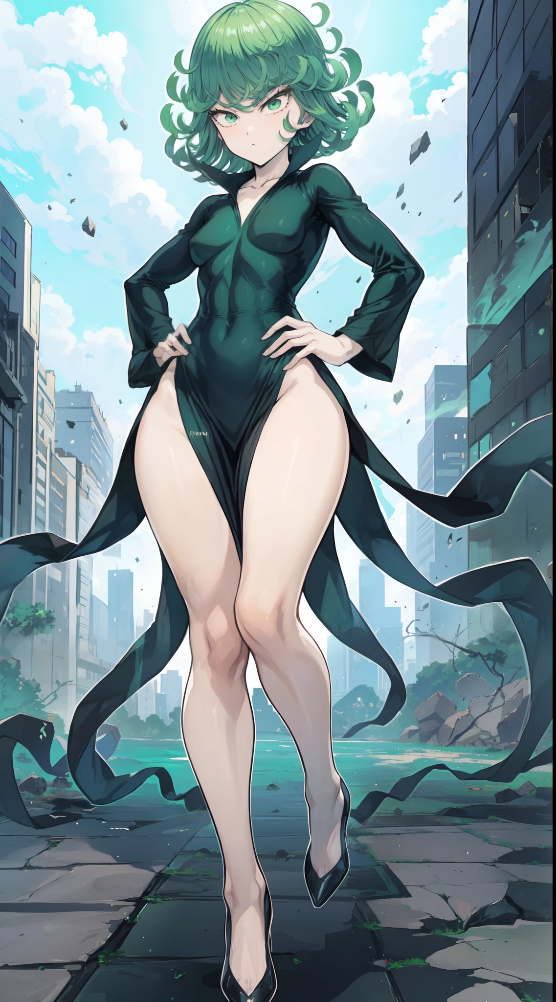 Tatsumaki of a punch man, short green hair, green eyes, medium chest, full body view, ((wearing a black torn V-neck dress with long sleeves and four high-cut leg slits)), angry, Standing at a destroyed city, dynamic pose, Dynamic vision, hands on hips, ((muscular legs))