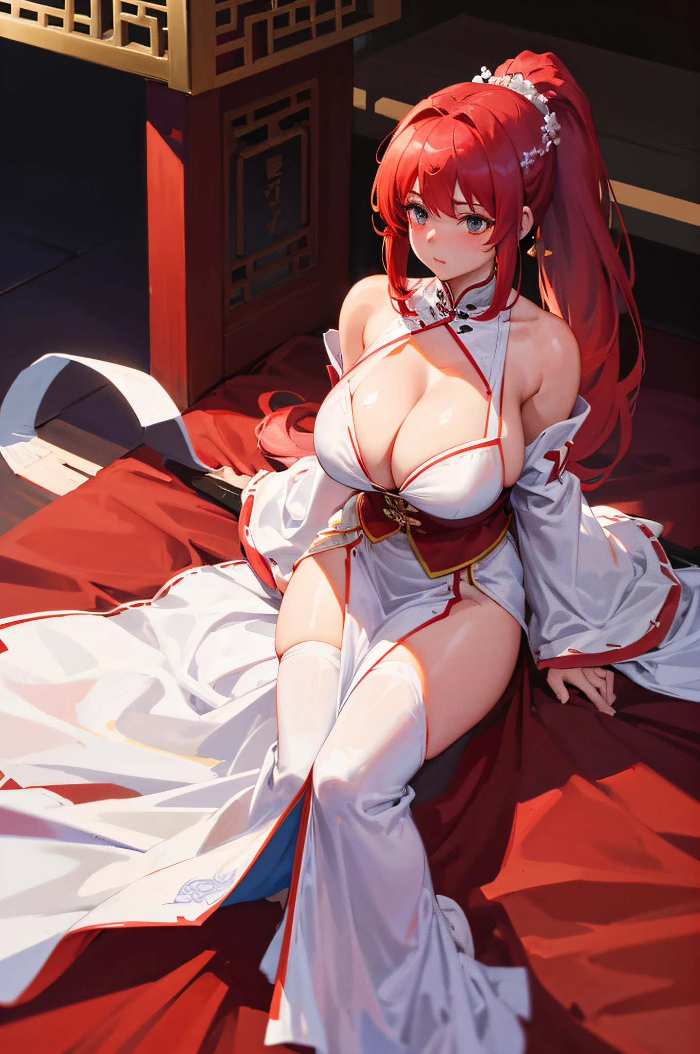 4k,hight resolution,One Woman,White red hair,Short ponytail,huge tit,Ancient Chinese princess,Fantasy long dress,Inside the royal family