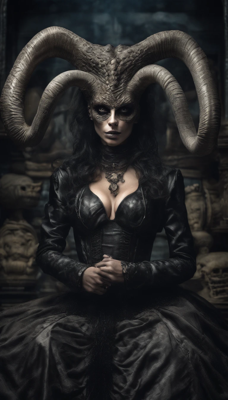 photo realistic,, realistic dark, surreal, beautiful exotic demon woman with large ram horns and a Carnevale di Venezia mask, large breasts wearing an open long black latex robe showing her nude body underneath, medusa, snake woman, giger, scary aesthetic, nightmare, windy, RAINSTORM, LIGHTNING, giger, necronomicon, visceral,nightmare,imagination,fantastical,dramatic,dark tones,paranormal,surreal juxtaposition,cosmic horror,horror, realistic detailed, film noir,