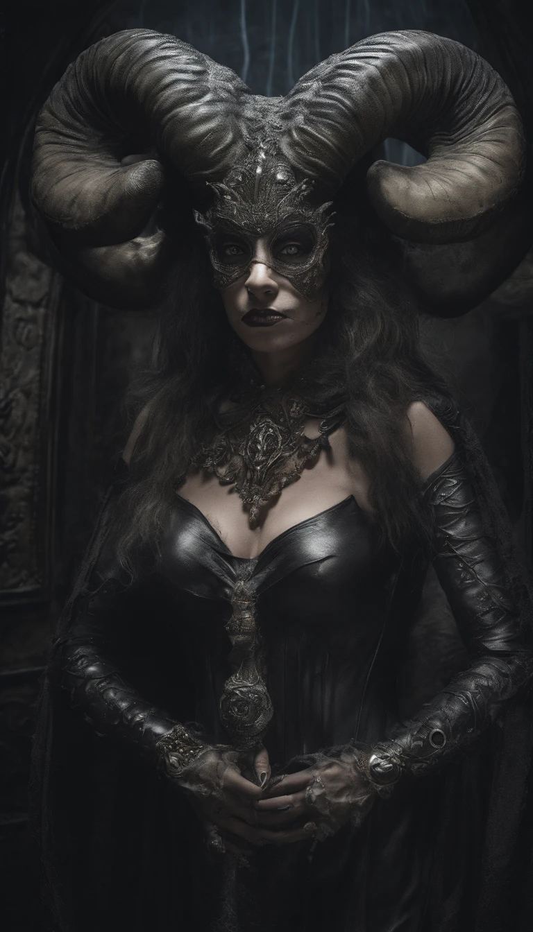 photo realistic,, realistic dark, surreal, beautiful exotic demon woman with large ram horns and a Carnevale di Venezia mask, large breasts wearing an open long black latex robe showing her nude body underneath, medusa, snake woman, giger, scary aesthetic, nightmare, windy, RAINSTORM, LIGHTNING, giger, necronomicon, visceral,nightmare,imagination,fantastical,dramatic,dark tones,paranormal,surreal juxtaposition,cosmic horror,horror, realistic detailed, film noir,