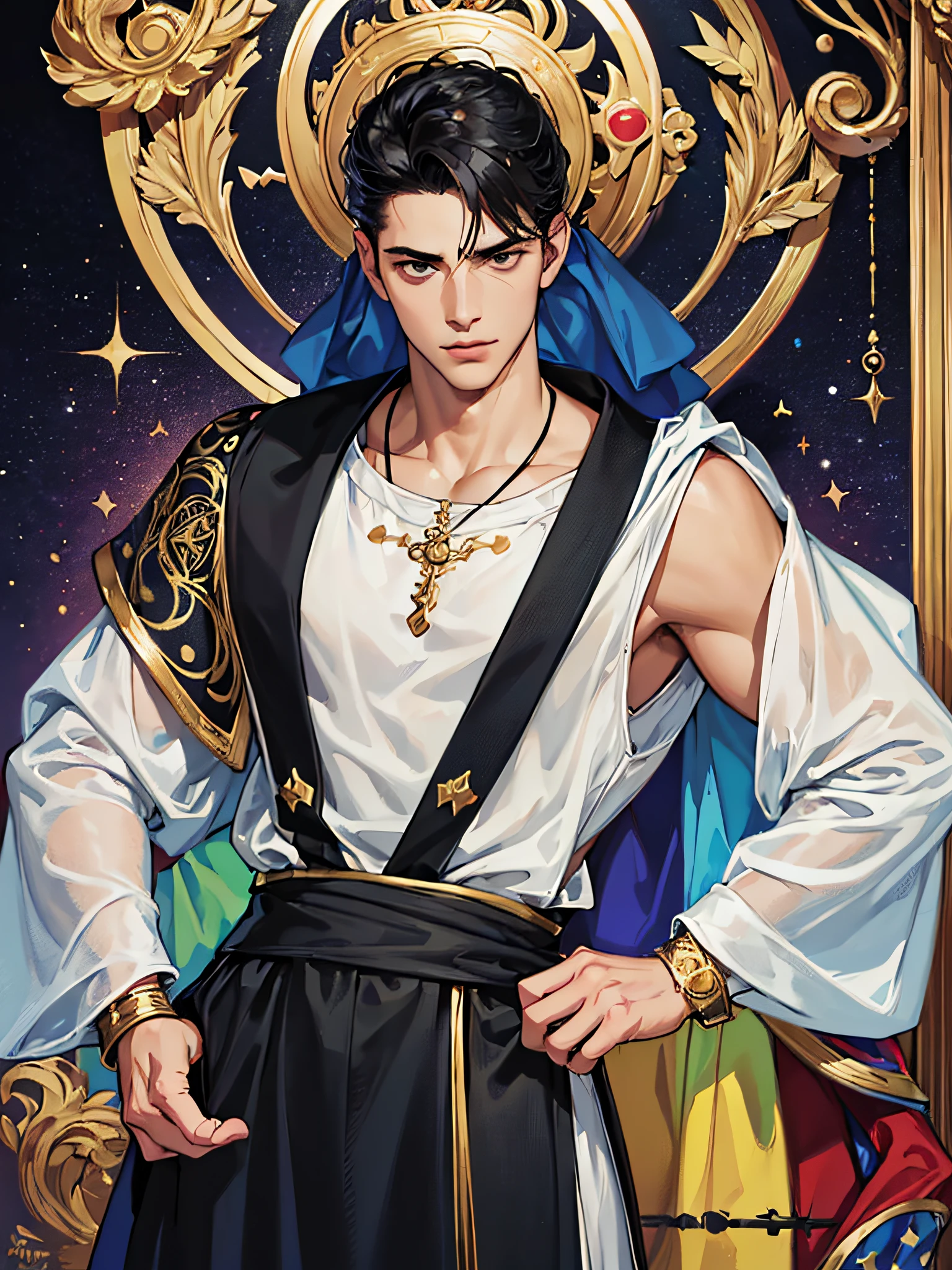 (nonsense, high resolution, ultra detailed), 1 man, adult, handsome, tall muscular guy, broad shoulders, finely detailed eyes and detailed face, formally dress, detailed clothing, black hair, black eyes, the fool \tarot\, bard, clown, Symbolism, Visual arts, Occult, Universal, Vision cast, Philosophical, Iconography, Numerology, Popularity, Artistic