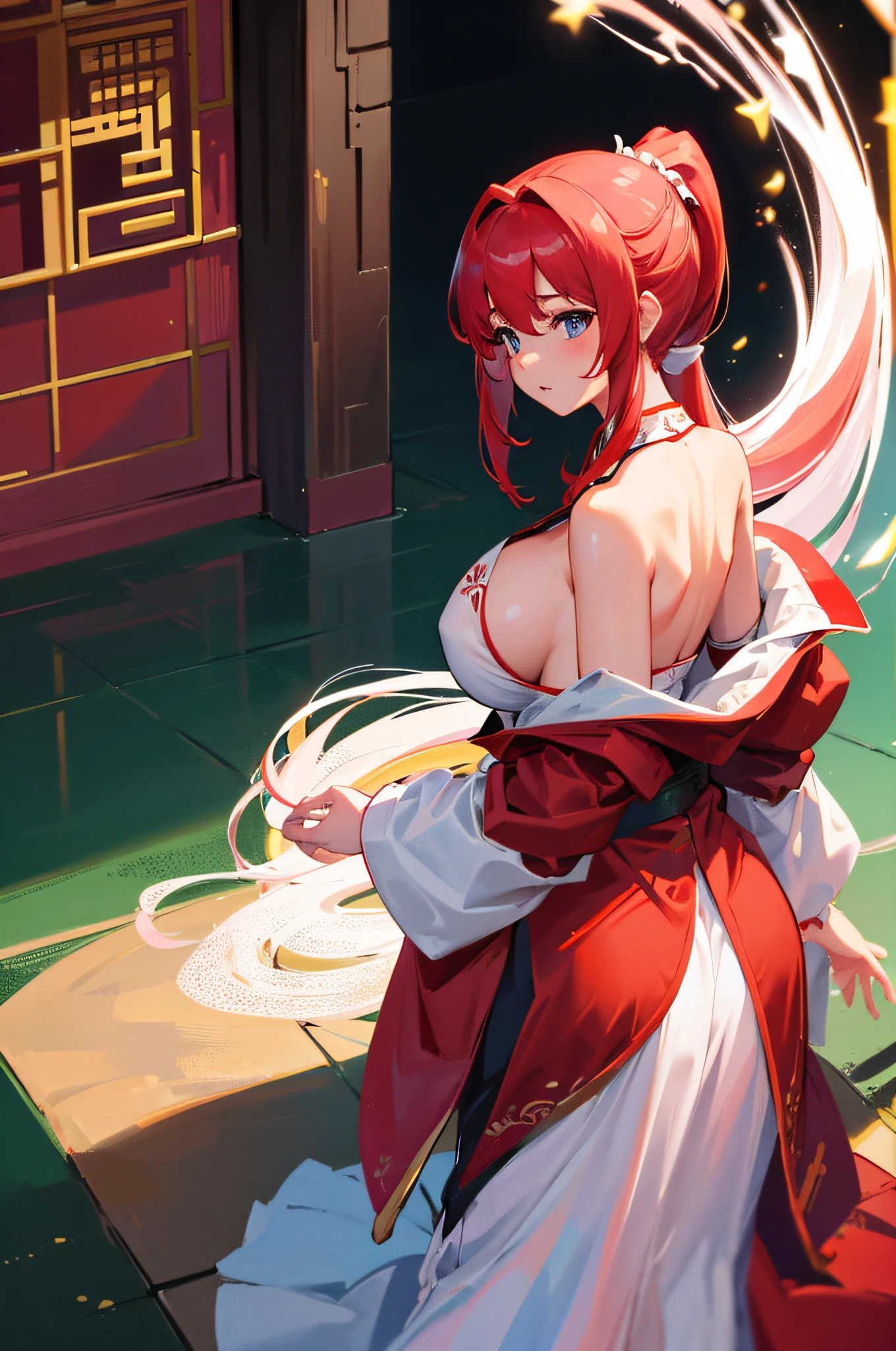 4k,hight resolution,One Woman,White red hair,Short ponytail,huge tit,Ancient Chinese princess,Fantasy long dress,Inside the royal family