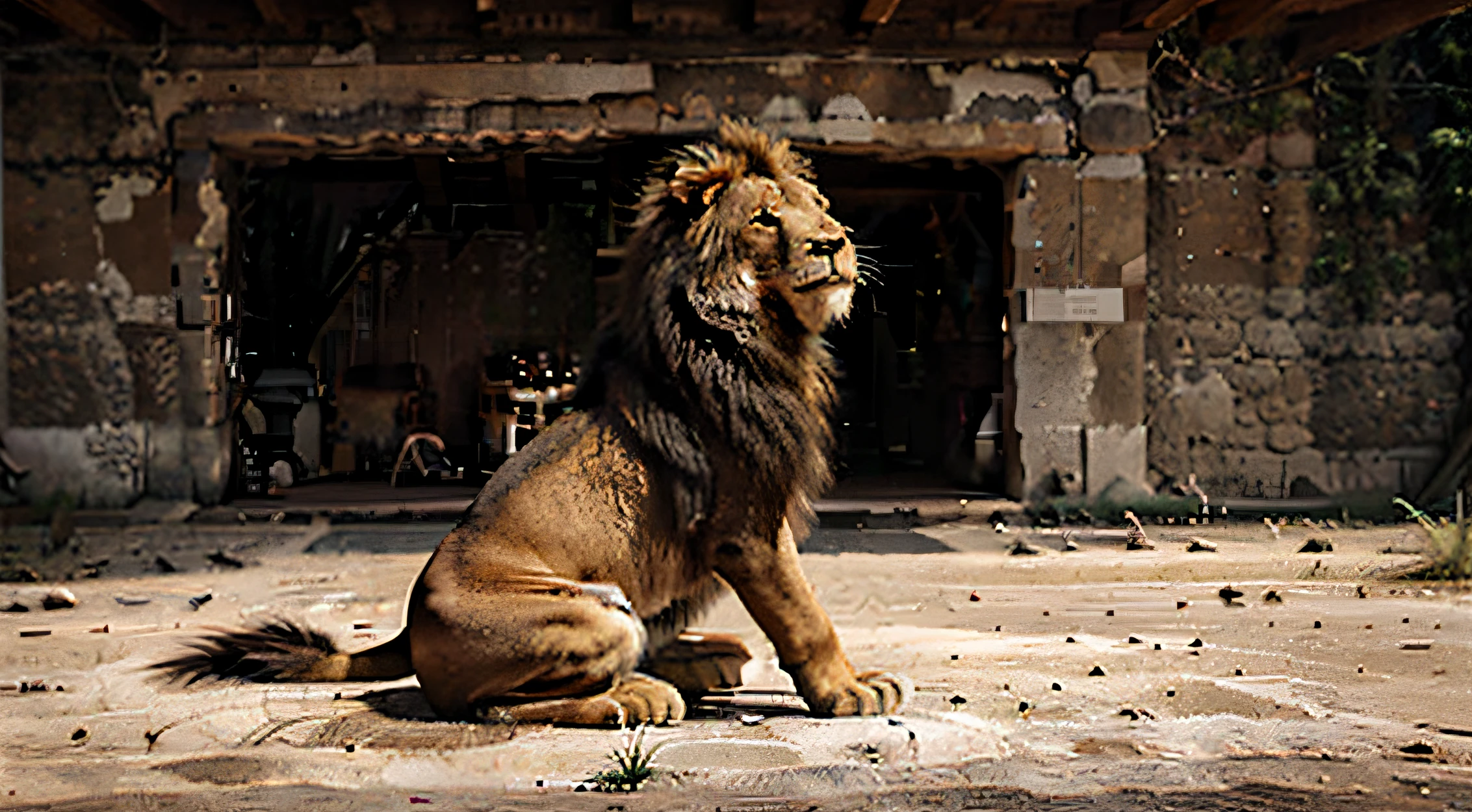 realistic lion 4k, Lion Profile, sentado com pose imponente, superiorirdade, rei da savana, Pose ereta, Mighty Lion, peito aberto, rei da savana, Lion Profile, corpo inteiro, Full body lion, lion king, Lion sitting on his back on the ground and pectoralis standing, Lion's tail up, Lion standing position