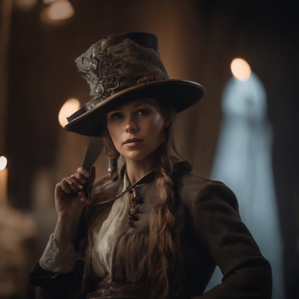 (highest quality, 8K wallpaper), mid shot of a necromancer, particle lighting, high-texture detailing, highly dramatic, holding a Gatling gun, clean background, wearing a wizard hat, remove weapons at the top of the background