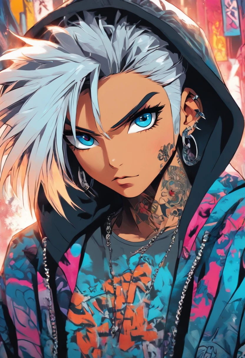 Cool and wild rabbit, White hair, Blue eyes, Wear trendy hip-hop clothes, Wearing a hoodie, Graphic T-shirt and ripped jeans, Lots of tattoos and piercings, Doodle style background, Highly detailed background, perfect masterpiece, High quality, High resolution