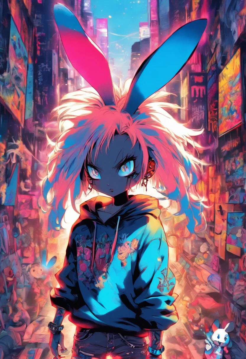 Cool and wild rabbit, White hair, Blue eyes, Wear trendy hip-hop clothes, Wearing a hoodie, Graphic T-shirt and ripped jeans, Lots of tattoos and piercings, Doodle style background, Highly detailed background, perfect masterpiece, High quality, High resolution