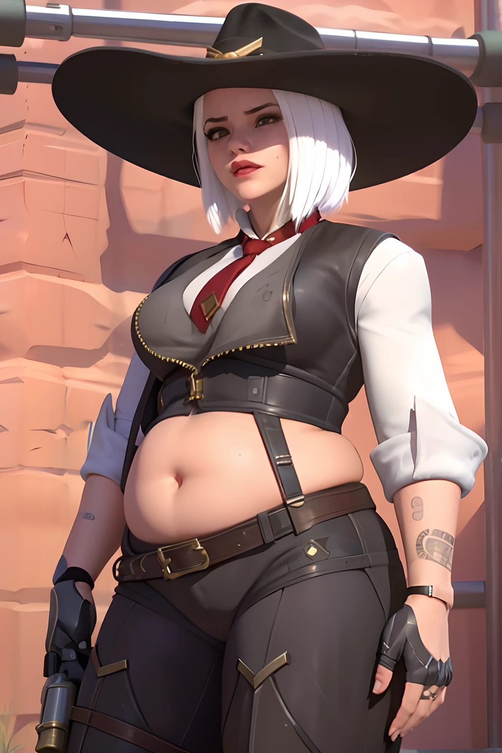 realistic, realism, photorealism, photo-realistic, high contrast, (photorealistic:1.4), 8k high definition detailed realistic, (best quality, masterpiece:1.2), NSFW,  photon mapping, radiosity, physically-based rendering, best quality, highly detailed, 1girl, 3d, owash, short hair, white hair, cow boy hat,  vest, red eyes, necktie, smile, standing,  ((city, street, store)),cow boy pose, hand on the belt, obese, giant gut, extremely fat, very fat, fat, extremely chubby, very chubby, chubby, chubby belly, huge belly, belly hang, belly rolls, pudgy belly, giant belly, large belly, large potbelly, giant potbelly, pudgy potbelly, huge potbelly, chubby potbelly, exposed belly, exposed navel