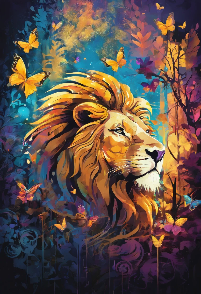 "((masterpiece)) Lion in the ((foggy)) ,((magical dark forest :1.2))at late dusk time, with ((strong dark shadows recommended for scene:1.2)), a glowing magical lion,golden glowing flowers ,((glowing butterfly )), beautiful magical style, golden water reflection,fierce, concept art, digital painting."