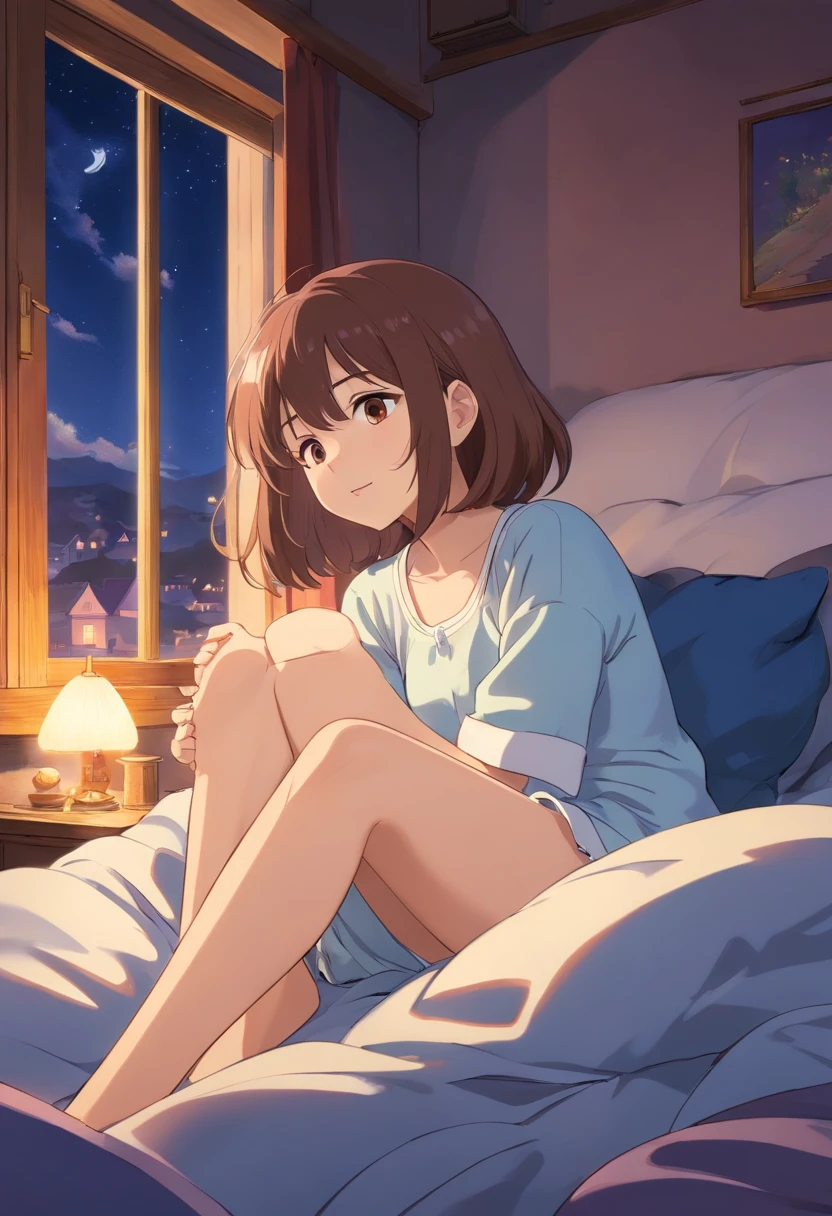 Best Quality、Night view outside the window、Light brown skin、s Pajamas、cleavage of the breast、short-hair、femele、独奏、Very cute、、Midnight、Brown hair、、I want to blush、bending forward、Bedroom、Wink、twinkling、Kamimei、Sit on the bed、Girl sitting