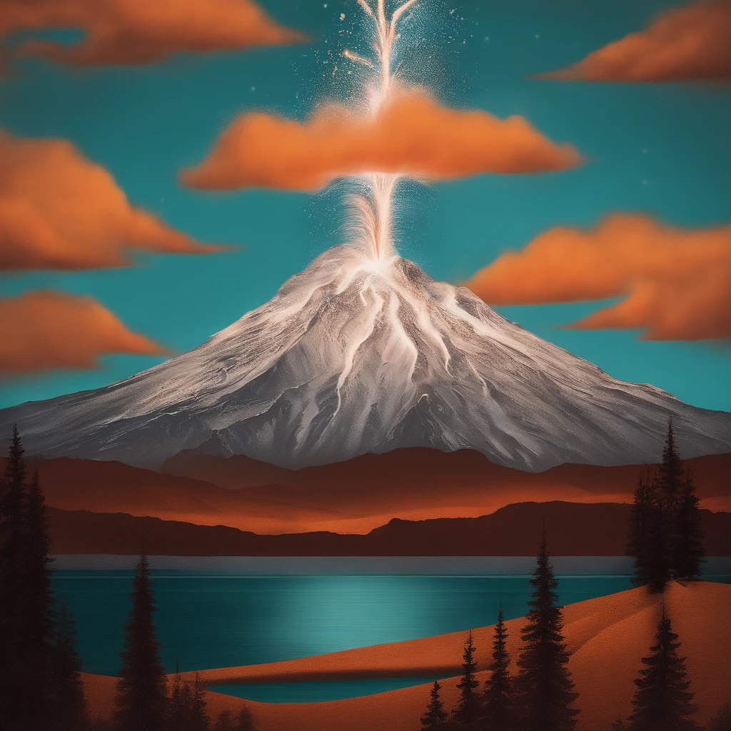 Create an erupting volcano with sparks all over the artwork