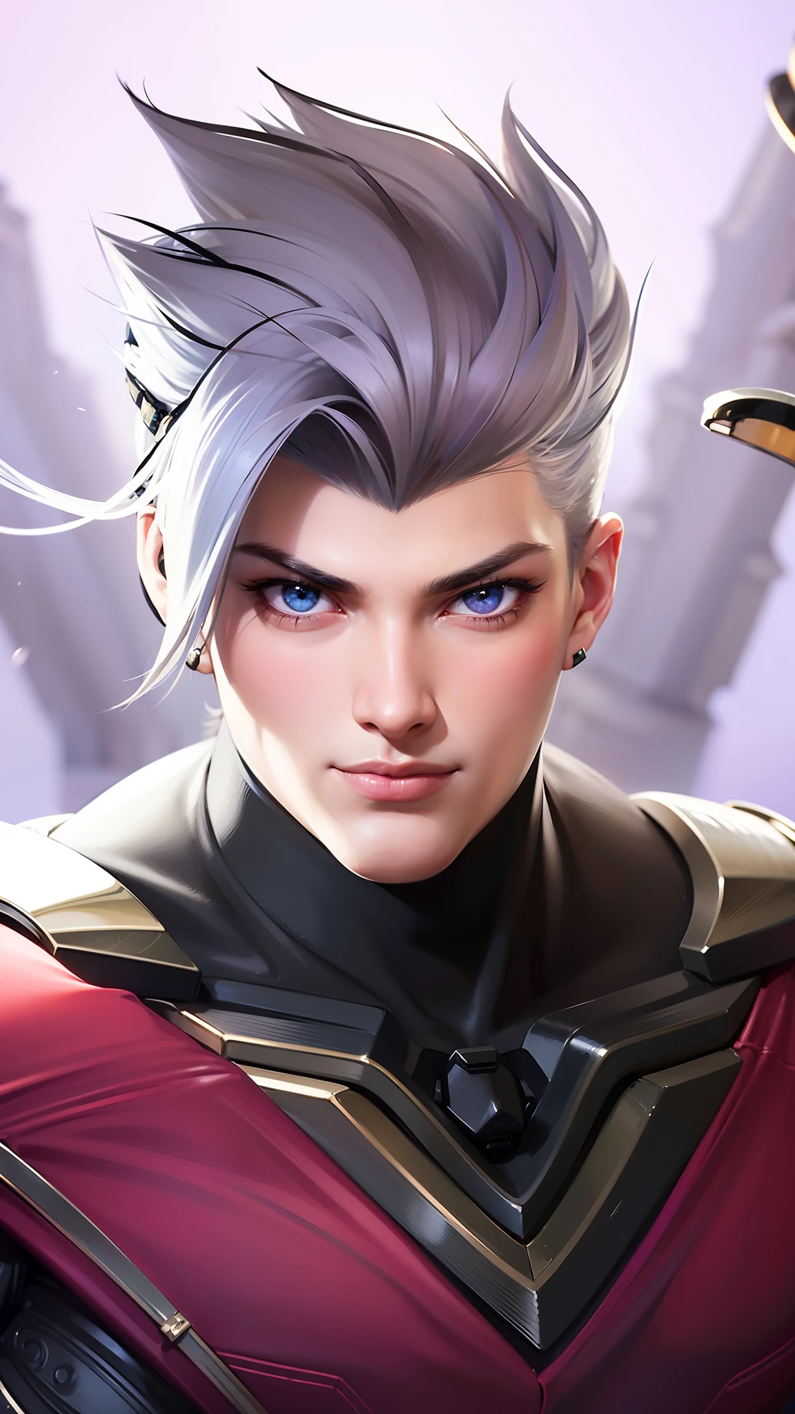 masculine male, masterpiece, ((perfect eyes)) best quality, (semirealism:1.9), beautiful lighting, (extremely detailed CG unity 4k fhd wallpaper), High Detail, Sharp focus, dramatic outdoors, 1 boy ,19 years old, white hair, light purpel eyes, smile.