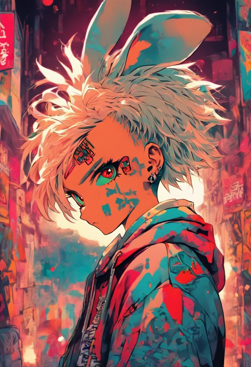Cool and wild rabbit, White hair, Red eyes, Wear cute hip-hop clothes, Wearing a hoodie, Graphic T-shirt and ripped jeans, Lots of tattoos and piercings, Doodle style background, Highly detailed background, perfect masterpiece, High quality, High resolution