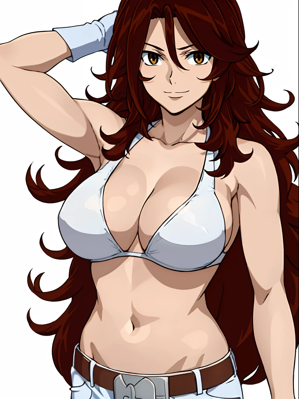 Flexing muscles, Karate stance, ((solo)), Best Quality, hires, curvy midsection, (tilt head, defined weak muscles, detailed muscles), smile, happy), upper body only, anime style: 1.8, anime drawing, ultra detailed face, ultra detailed body, 4k, Sumergai Lee Noriega, karate stance, best quality, anime style, hires, highest definition, digital blending, bold drawing lines, (((White Background))), ( (defined muscles), long attractive belly, slim body, ((strong arm muscles)), broad shoulders , off-shoulders, closed fists, (slutty bra, shorts, white gloves, , arm band, (champion belt))), (large breasts, defined cleavage, closed mouth, big bellybutton, shiny skin), (big eyes, brown eyes, shiny eyes), (reddish hair, loose hair, curly hair, wavy hair, long hair, floating hair)