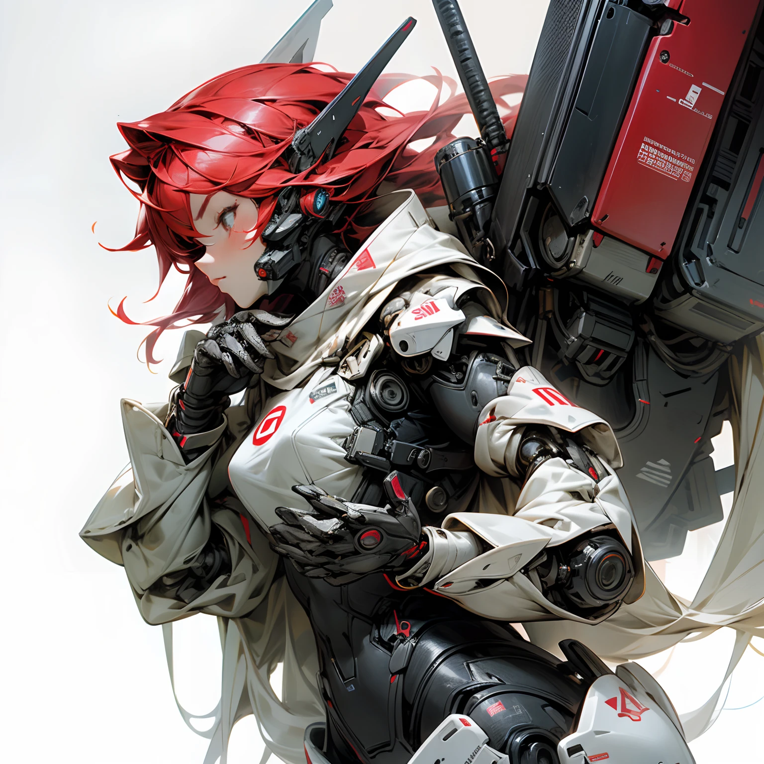 The head is in the shape of a stapler、Red line design on white background、Female robot、Stand in front of the building、high-level image quality、high-detail、The face is female、Eight-headed body