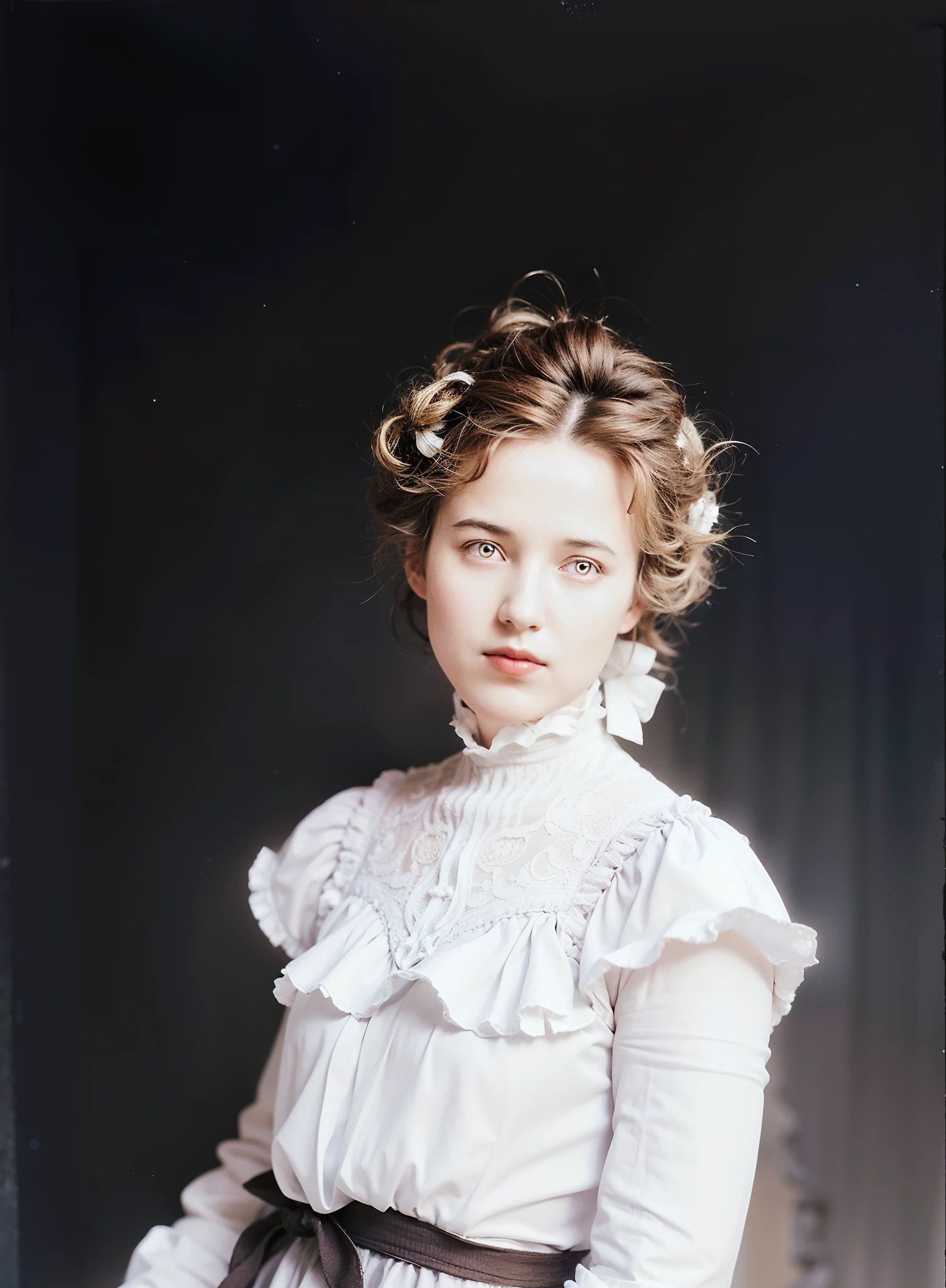 there is a woman in a white dress posing for a picture, autochrome pearl portrait, inspired by Thomas Millie Dow, color portrait, victorian female portrait, inspired by Henriette Wyeth, feminine portrait, by Thomas Millie Dow, soft portrait, film portrait, 3 5 mm portrait, colorized 1 9 0 4 photo, portrait of the actress, medium portrait soft light, High quality image, masterpiece, detailed hair texture, detailed skin texture, detailed cloth texture, 8k, add fabric details, ultra detailed skin texture, ultra detailed photo, skin pores, cloth details, high skin details, realistic hair details