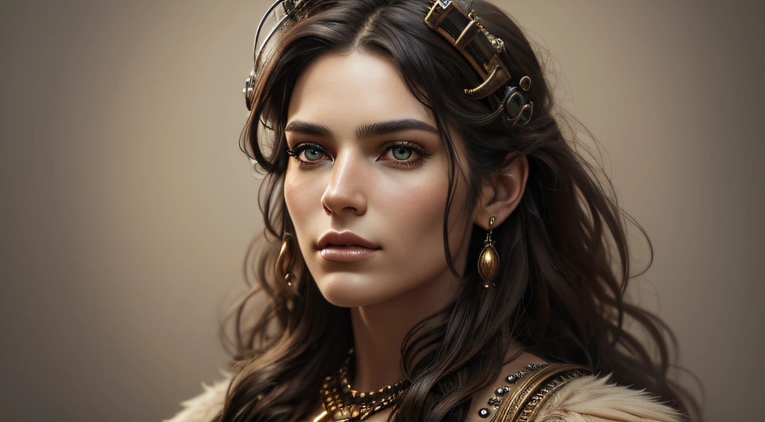 A PORTRAIT OF A CAVEMAN, Steam punk atmosphere, elegance, beauty, bliss, Femininity, hyper-realistic, textured image, master piece, highly detailed, digital painting, best quality, very high resolution, Detailed work, Post processing , white background, perfect result, muted colors,