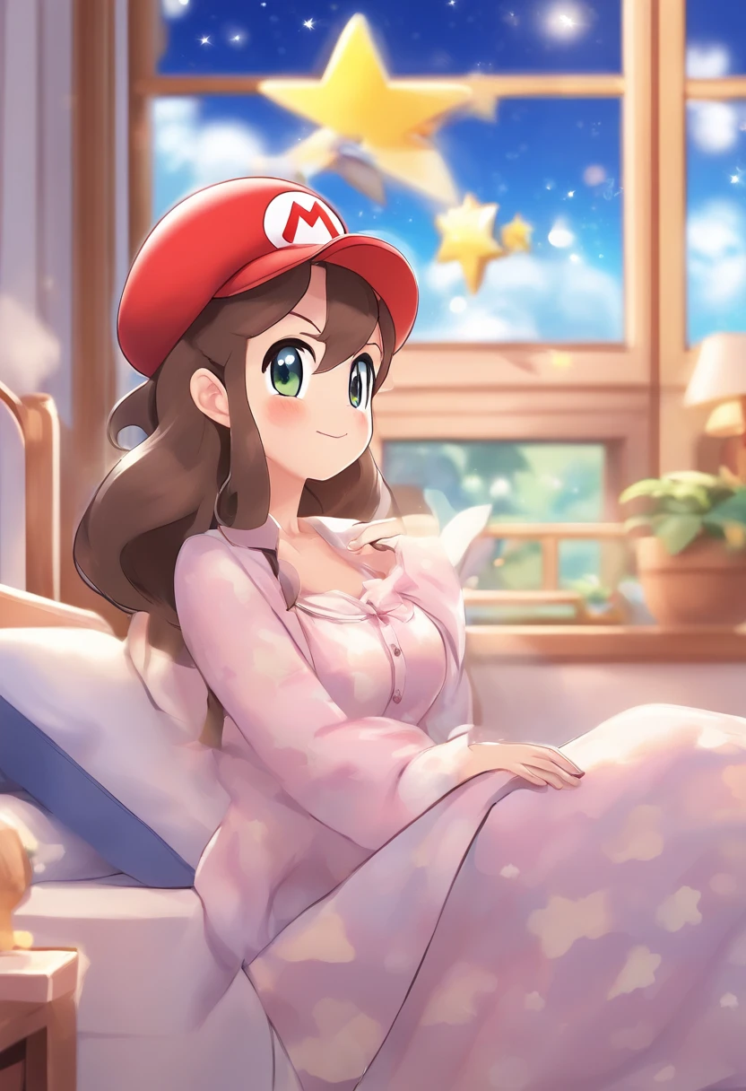Best Quality、Night view outside the window、Light brown skin、s Pajamas、cleavage of the breast、short-hair、femele、独奏、Very cute、、Midnight、Brown hair、、I want to blush、bending forward、Bedroom、Wink、twinkling、Kamimei、Sit on the bed、Girl sitting