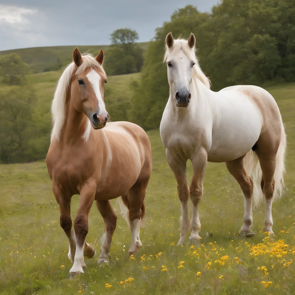 (best quality, 8k, highres, masterpiece:1.2), ultra-detailed, photorealistic, two beautiful horses grazing in a lush green meadow. The horses have sleek coats and are of different colors - one is a chestnut brown and the other is a snowy white. They stand gracefully under the bright sunlight, casting long shadows on the grass. The sunlight illuminates every strand of their flowing manes and tails, creating a sense of movement. The horses are surrounded by colorful wildflowers, adding vibrancy to the scene. The sky is a clear blue with a few fluffy white clouds. The grass is meticulously rendered, with each blade perfectly textured. The details of the horses' muscles and fine facial structures are captured with precision. The painting-style artwork brings a touch of classical elegance to the image. The colors are warm and inviting, with a harmonious blend of earthy tones. The lighting is soft and natural, creating a gentle atmosphere. A sense of tranquility and freedom permeates the scene, inviting viewers to immerse themselves in the beauty of nature.