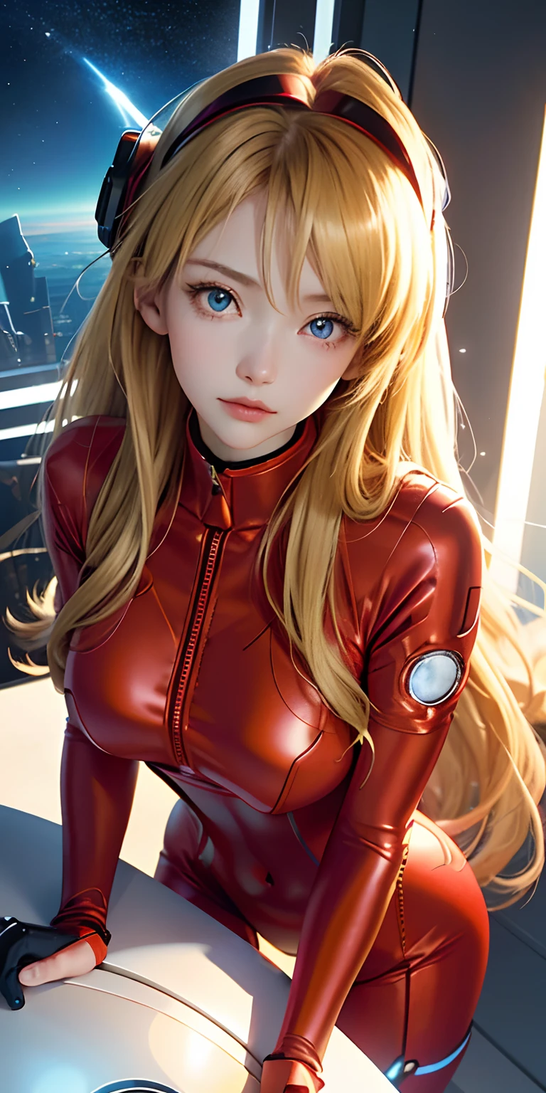 (Overhead view),dynamic angle,ultra-detailed, illustration, close-up, straight on, 1girl, 
 ((souryuu asuka langley, interface headset, red bodysuit:1.4, blonde)),Her eyes shone like dreamy stars,(glowing eyes:1.233),(beautiful and detailed eyes:1.1),(expressionless,closed mouth),(standing), 
(mechanic room with toolsand spaceship windowin a white SPACESHIP),
(night:1.2),dreamy, [[delicate fingers and hands:0.55]::0.85],(detail fingers),