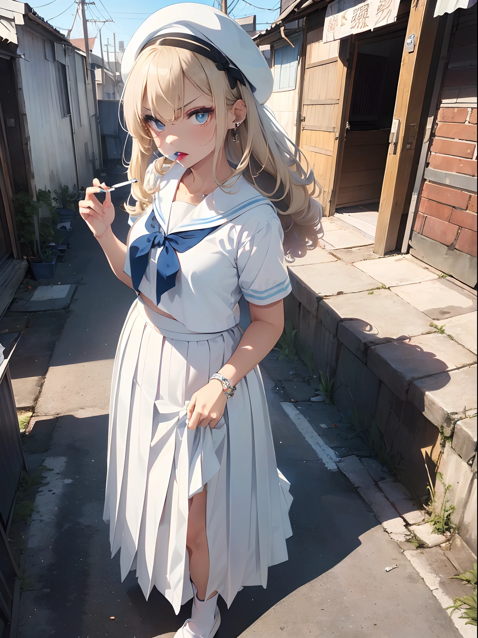 (master piece:1.4),Hypal Quality, Hyper Detailed,Perfect drawing,3D,16K illustrations、(((clearface)))、Hi-Res、1 persons、femele、Knees wide open、Crouching、(((Cigarette in hand)))、Asian、dyed blonde、(((Afro Hair)))、(((Brown-skinned)))、(((Pure white lipstick)))、((eyeshadows:1.3))、Raised corners of the eyes、(((Outrage:1.2)))、((Pull the chin))、(((squinted)))、((Kamimei:1.3)),((glares:1.4))、((half-opened mouth))、((Wrinkles between the eyebrows))、(numerous piercings in the ears)、(((Collapsed)))、(((White sailor suit)))、(White theme:1.3), (Fusion of white sundress and white uniform:1.4), ((White pleated skirt, White skirt):1.5), (Light blue ribbon and white beret:1.4), (White shirt with blue sailor collar:1.4), (Short sleeve: 1.2), (Light blue ribbon:1.3), (White skirt with blue lines:1.2), ((White Buggy Socks:1.3, lowfers):1.2),(((White pleated skirt,Maxi skirt:1.3)))、A lot of thin rings on the wrist、80shair、Slums、Detailed drawing、Perfect Photo、Shot diagonally from above