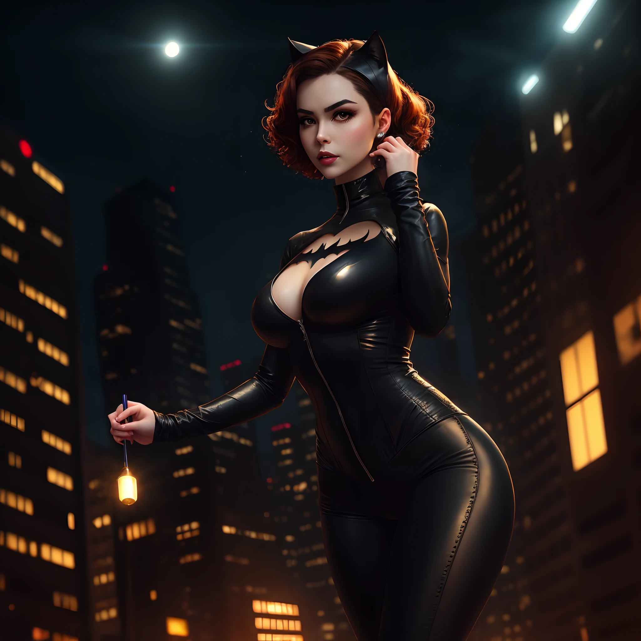 Background Gotham City,Batman Catwoman in a black suit stands in the middle of the city, Extremely detailed Artgerm, Cat woman, Catwoman, Style Artgerm, wojtek fus, cgsociety - w 1 0 2 4 - n 8 - i, IG model | Art germ,(realisticlying:1.2),(hentail realism),(tmasterpiece:1.2),(best qualtiy),(Hyper-detailing),(8K,4K,复杂),(full body shot shot:1),(85mm),Particle light,illuminating,(high detal:1.2),(Detailed face:1.2),largeeyes,beautiful goddess woman,putting makeup on,s the perfect face,Perfect lighting,1girll,DC Super Hero Movie,Catwoman in Batman,neko girl,brunette color hair,(Catwoman Selina Kyle),Short curly hair,(Hands stretch out sharp claws),Death glow,Serious look, cat paws,Hand with long claws outstretched,The whole body is wrapped in a fur coat,tight leather clothes,Sexy set,(Openwork onesies),high-heels,Thin waist and thick hips,long leges,super gigantic boobs,(Glowing skin),Glowing skin,The wind blows to the top,White aura of power,green pupills,Gravel background,Broken ground,Full moon in downtown Gotham,(finelydetailedskin:1.3),cinematric light,edge lit,超高分辨率,Best shadow,delicated,octanerender,unreal-engine,Stroll through the high-rise buildings of Gotham City,Fighting posture,