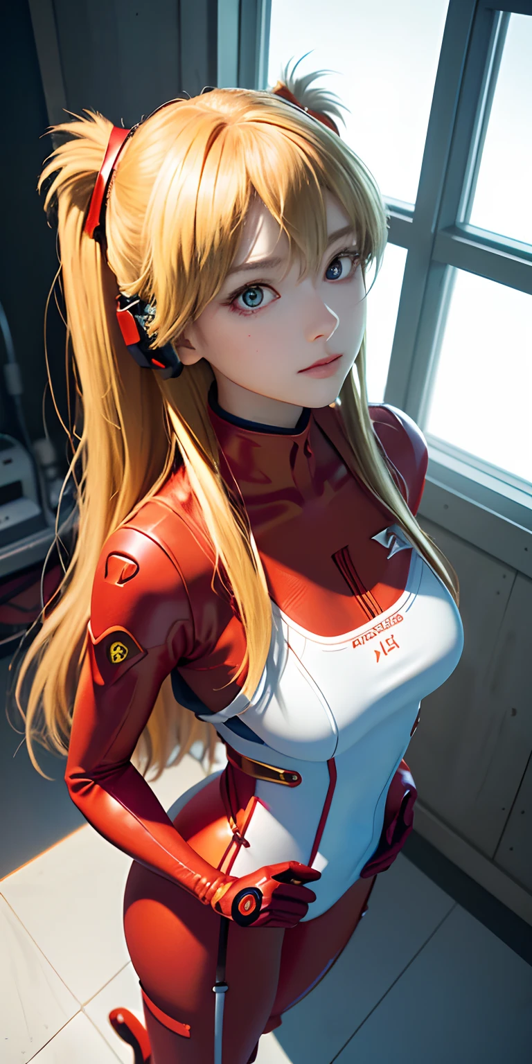 (Overhead view),dynamic angle,ultra-detailed, illustration, close-up, straight on, 1girl, 
 ((souryuu asuka langley, interface headset, red bodysuit:1.4, blonde)),Her eyes shone like dreamy stars,(glowing eyes:1.233),(beautiful and detailed eyes:1.1),(expressionless,closed mouth),(standing), 
(mechanic room with toolsand spaceship windowin a white SPACESHIP),
(night:1.2),dreamy, [[delicate fingers and hands:0.55]::0.85],(detail fingers),