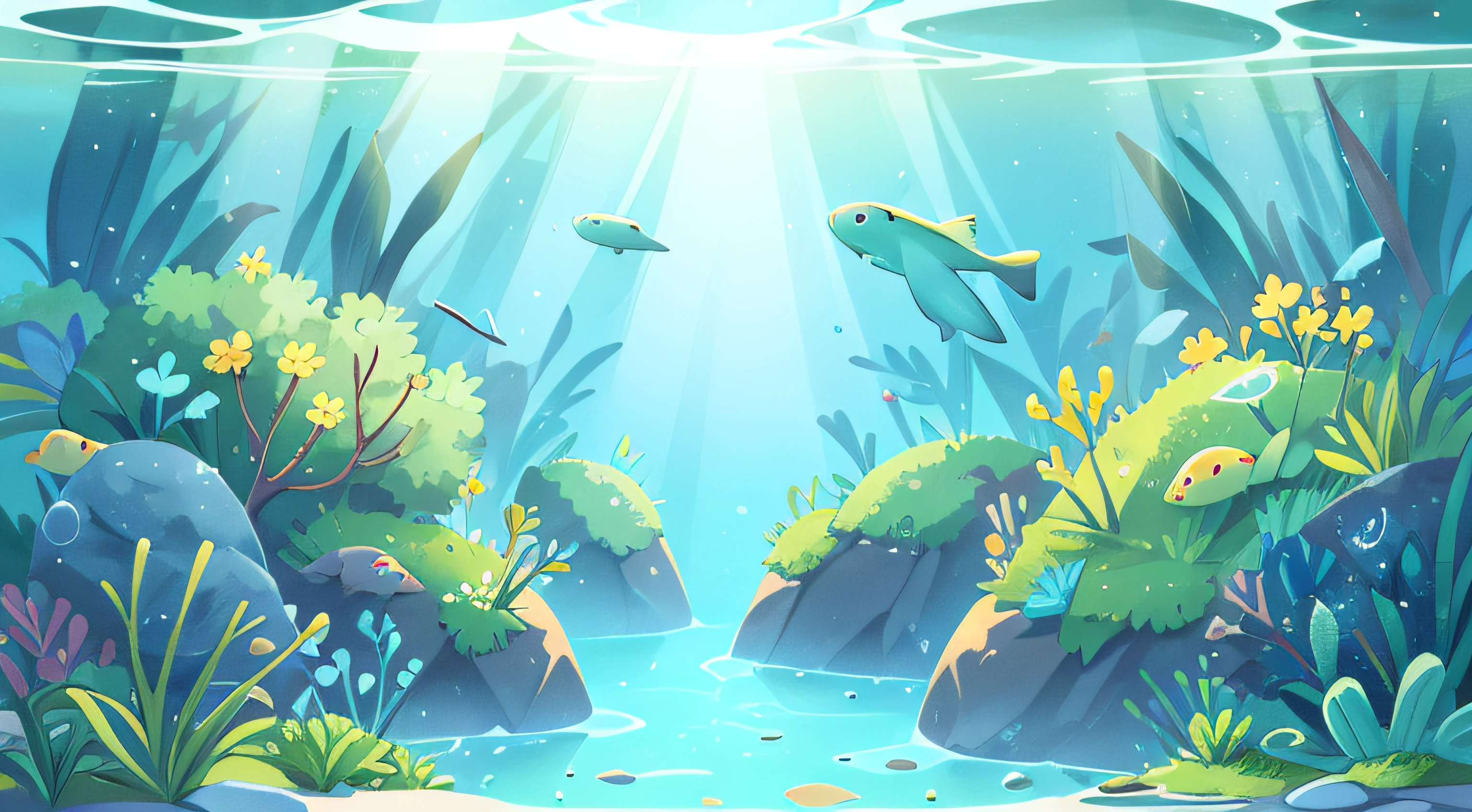 underwater landscape, As if viewed from below. The water is crystal clear, Let the sunlight pass through it,Light up the landscape. The scene is dominated by shades of blue and green, Create a serene and peaceful effect. The scene is complete,Small bubbles floating on the surface of the water.