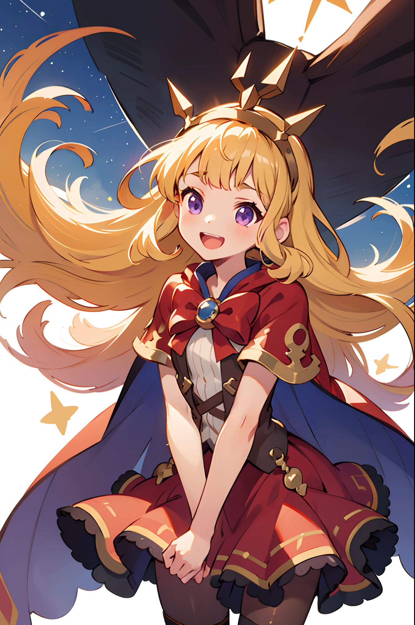 1girl, solo, character preview illustration, blonde hair, purple eyes, Cagliostro, long hair, CagliostroBase, hairband, crown, black thighhighs, red bow, skirt, red skirt, cape, small breasts, smile, open mouth, face focus, extended arms, hands out of frame, upper body, looking away, stars decorations, cute girl, sparkles, white background, transparent background, beautiful illumination, sun rays, trending on pixiv, masterpiece, 8k, best quality