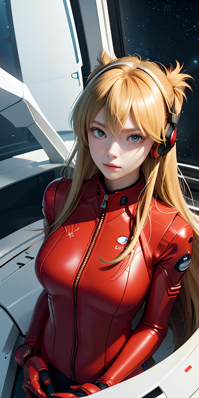 (Overhead view),dynamic angle,ultra-detailed, illustration, close-up, straight on, 1girl, 
 ((souryuu asuka langley, interface headset, red bodysuit:1.4, blonde)),Her eyes shone like dreamy stars,(glowing eyes:1.233),(beautiful and detailed eyes:1.1),(expressionless,closed mouth),(standing), 
(mechanic room with toolsand spaceship windowin a white SPACESHIP),
(night:1.2),dreamy, [[delicate fingers and hands:0.55]::0.85],(detail fingers),