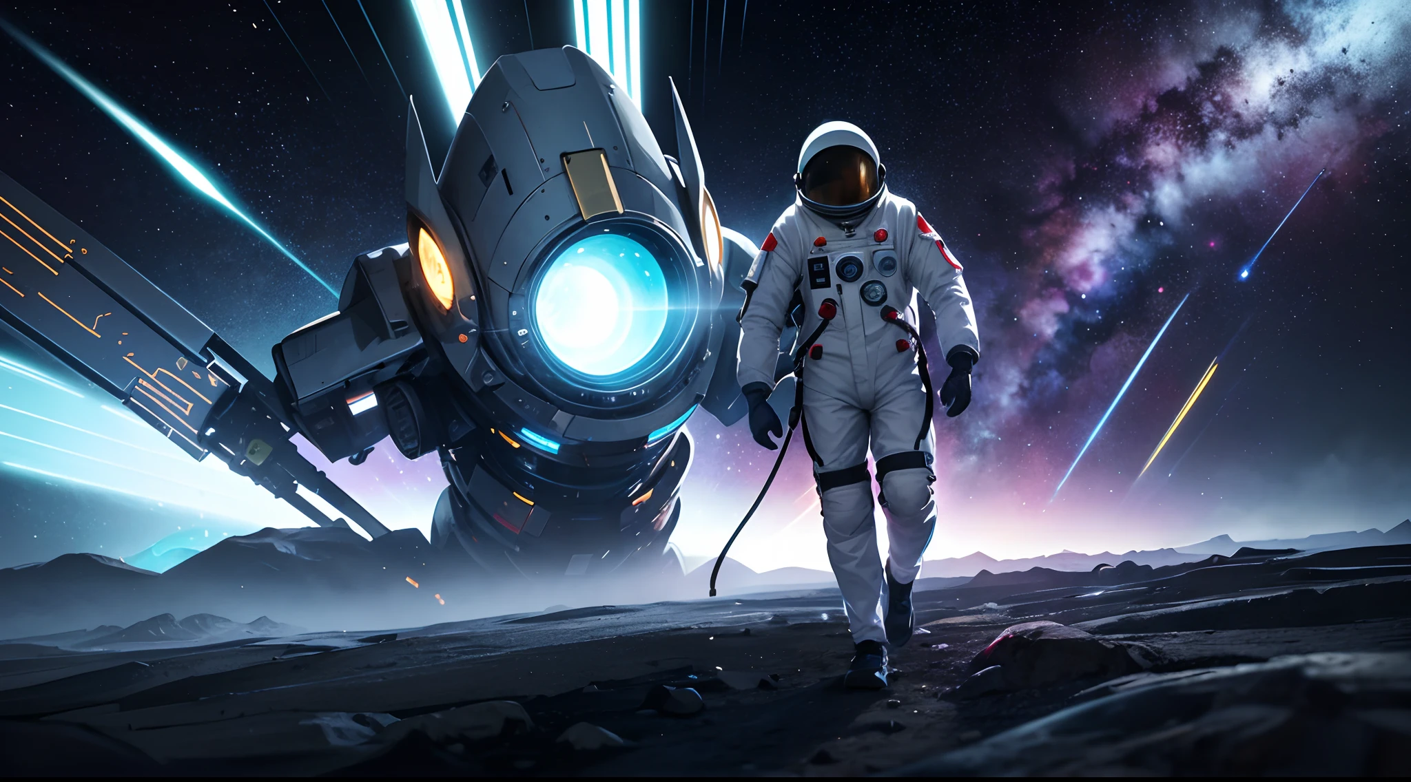 Japanese light novel cover illustration style,An anime girl wearing a spacesuit with a big shine nebula,The astronaut,Step on the camera with your foot,Body painting of mysterious symbols all over the body,Projected virtual reality light and shadow city in front of the character,Tap the virtual light display with your hand and touch another light vector for your virtual self,Vector information magic array,The edge vector particles of the character are diffused,Walk head-on to the audience,Time-lapse photography technology,Teleportation array,Floating in the starry sky of the magnetofluid, gas nebula monster, with countless pupils,Nebula grating,rainbow aurora,The ultimate art of color mixing,The whole body consists of fluid nebulae,Scintillation gas Big Bang nebula skin,Light vector photography,Light field photography,Light chasing,Light tracing,Solidified light vector rune art,