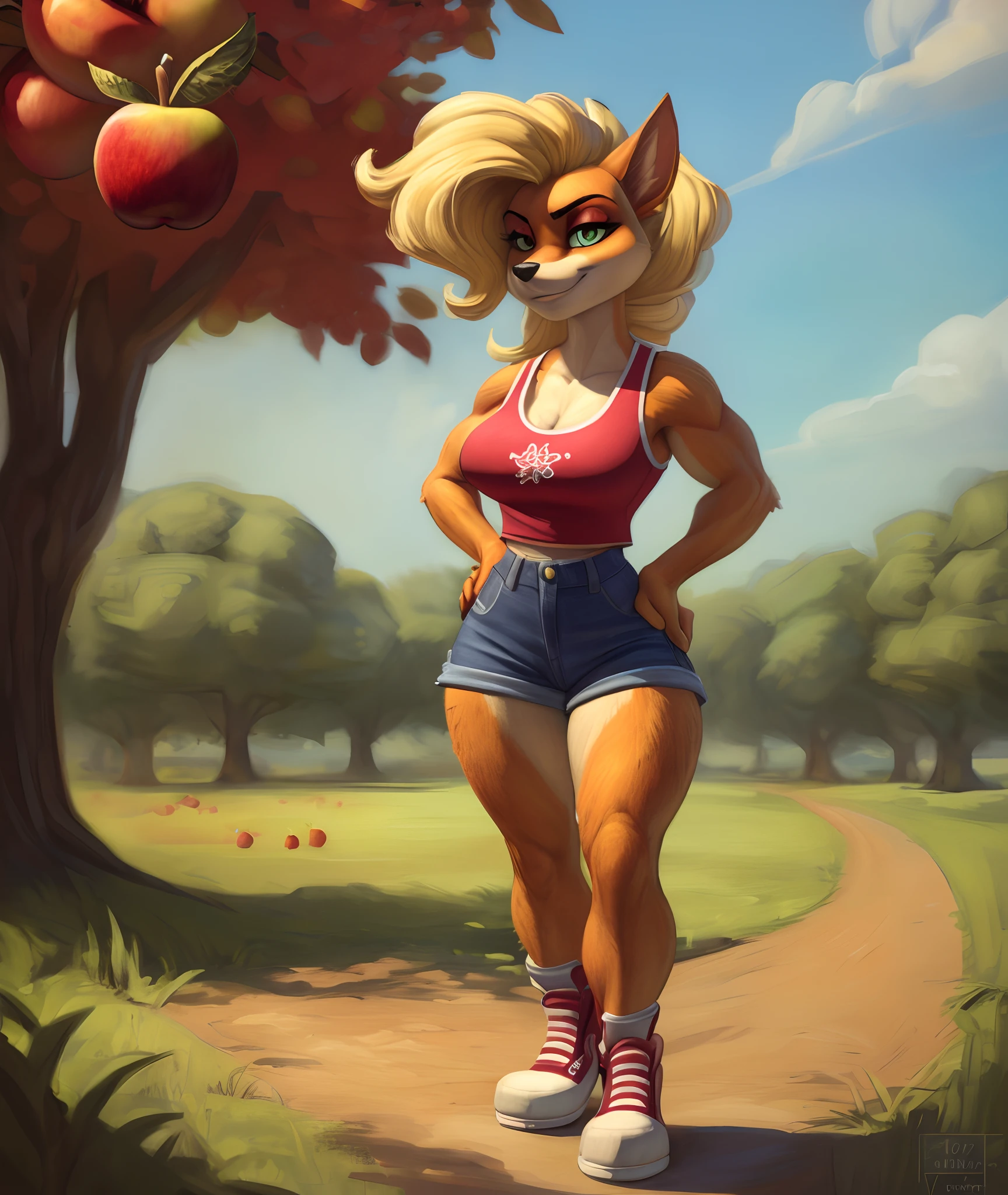 [originaltawna], [Uploaded to e621.net; (Pixelsketcher), (wamudraws)], ((masterpiece)), ((HD)), ((solo portrait)), ((full body)), ((furry; anthro)), ((detailed fur)), ((detailed shading)), ((beautiful render art)), ((intricate details)), {anthro; (slim figure), orange fur, black nose, beautiful green eyes, (red eyeshadow), blonde hair, long curly ponytail, (curly bang), (gorgeous hips), (beautiful legs), (defined muscles), smug smirk}, {(red tank top), (cleavage), (tight blue skinny jeans), red sneakers}, {(standing), (hand on hip), (looking at viewer)}, [background; (country field), (apple orchard), (blue sky), (sun rays)]
