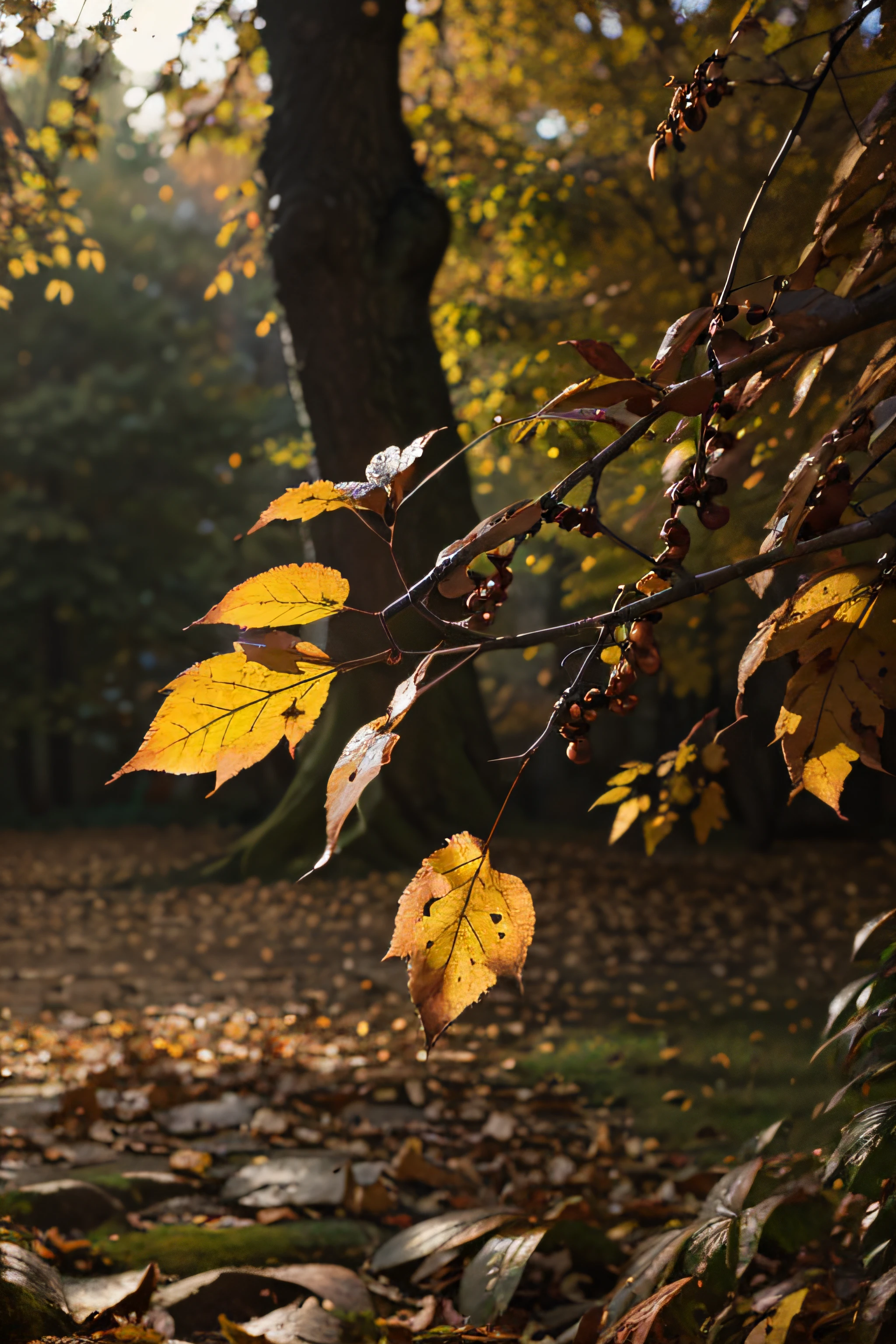 "(best quality, photorealistic: 1.2), detailed photo of autumn nature, depth of field, cinematic effect, warm light, dry leaves"