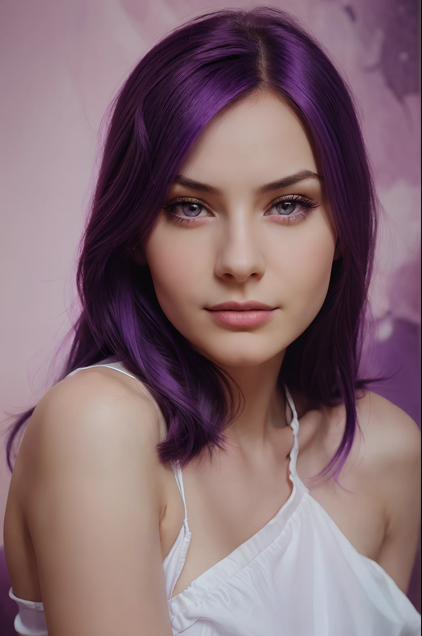 realistic jinx, alina ivanenko, (alina ivanenko), purple hair, straight hair, detail on face, face, portrait, eyes looking into camera