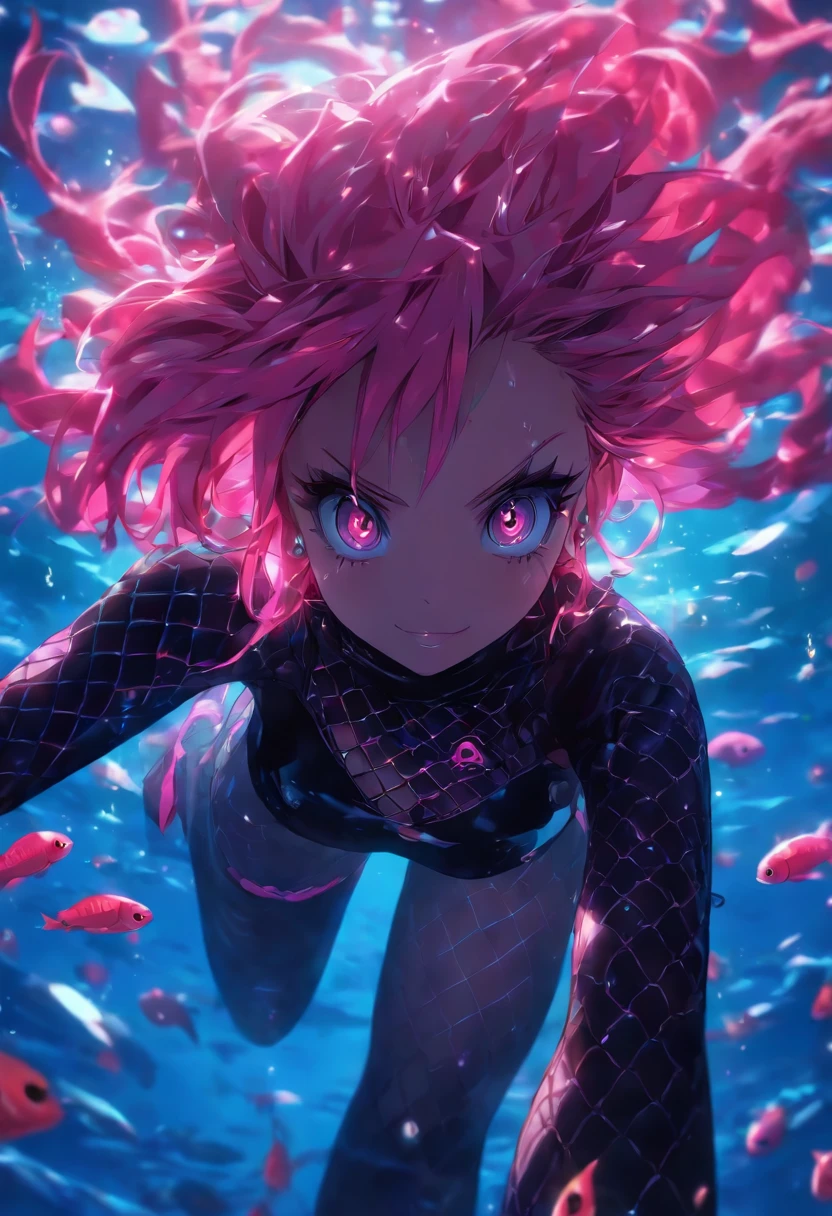 anime girl with pink hair and fishnets posing for a picture, scales covering her chest, biomechanical oppai, best anime 4k konachan wallpaper, seductive anime girl, oppai cyberpunk, ((pink)), ahegao, scales on her chest, anime monster girl, detailed digital anime art, lewd, covered in pink flesh, 8k high quality detailed art, underwater, falling into darkness, sun shining from above