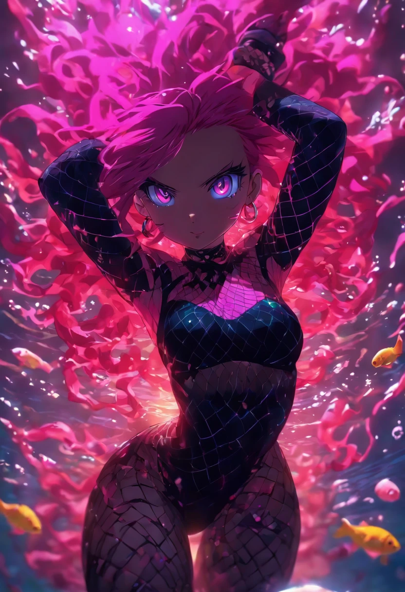 anime girl with pink hair and fishnets posing for a picture, scales covering her chest, biomechanical oppai, best anime 4k konachan wallpaper, seductive anime girl, oppai cyberpunk, ((pink)), ahegao, scales on her chest, anime monster girl, detailed digital anime art, lewd, covered in pink flesh, 8k high quality detailed art, underwater, falling into darkness, sun shining from above