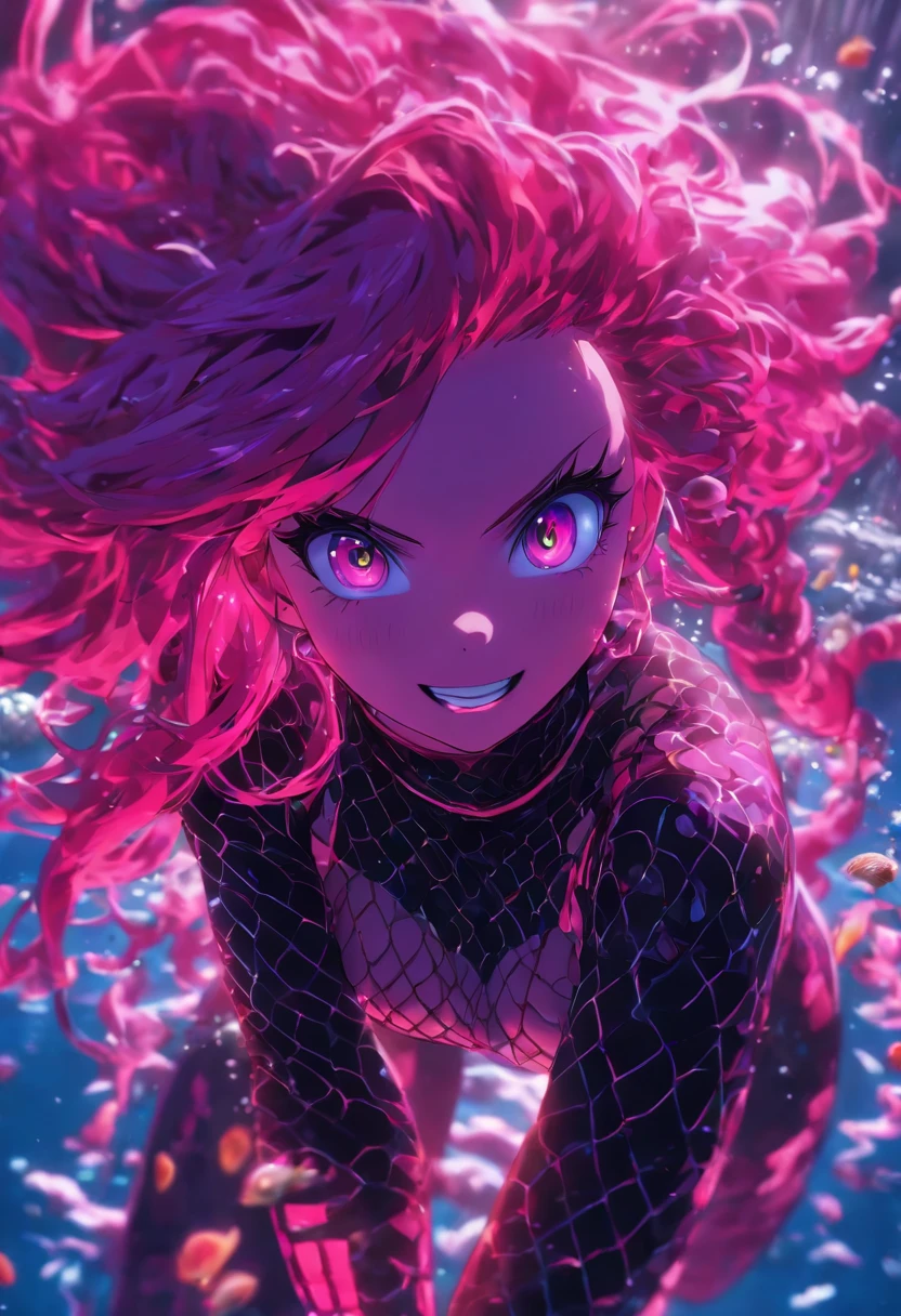 anime girl with pink hair and fishnets posing for a picture, scales covering her chest, biomechanical oppai, best anime 4k konachan wallpaper, seductive anime girl, oppai cyberpunk, ((pink)), ahegao, scales on her chest, anime monster girl, detailed digital anime art, lewd, covered in pink flesh, 8k high quality detailed art, underwater, falling into darkness, sun shining from above