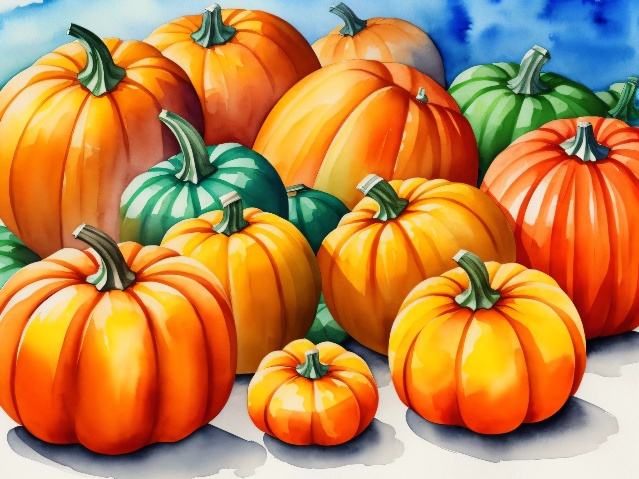 Colorful watercolor drawing with pumpkin