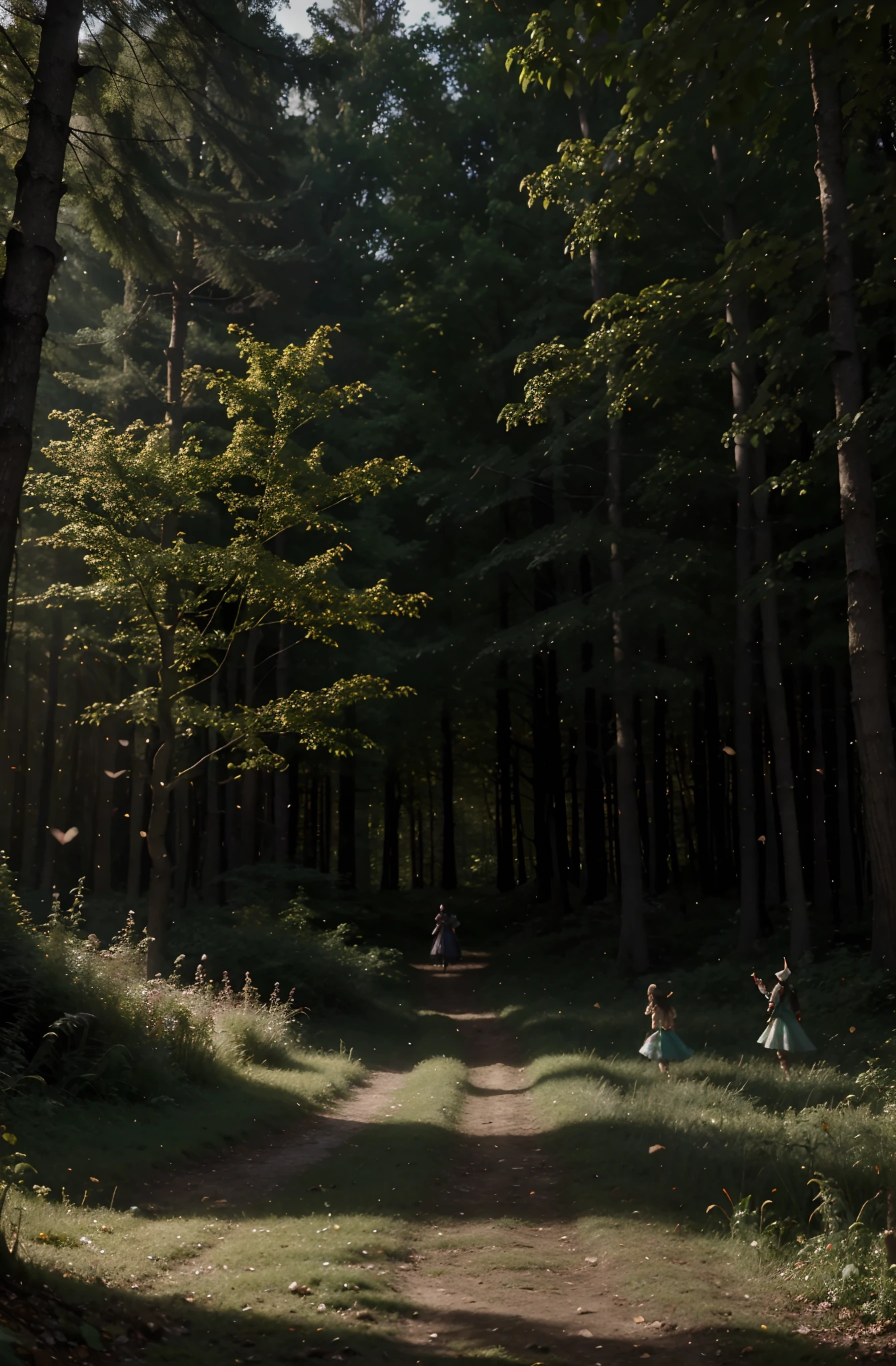 foret mystique et magique de nuit, Ray Tracing, Fairies flying with elves walking around, des papillons qui volent, des lucioles qui volent, vieux sorcier de la foret assis par terre 4K, Hdr