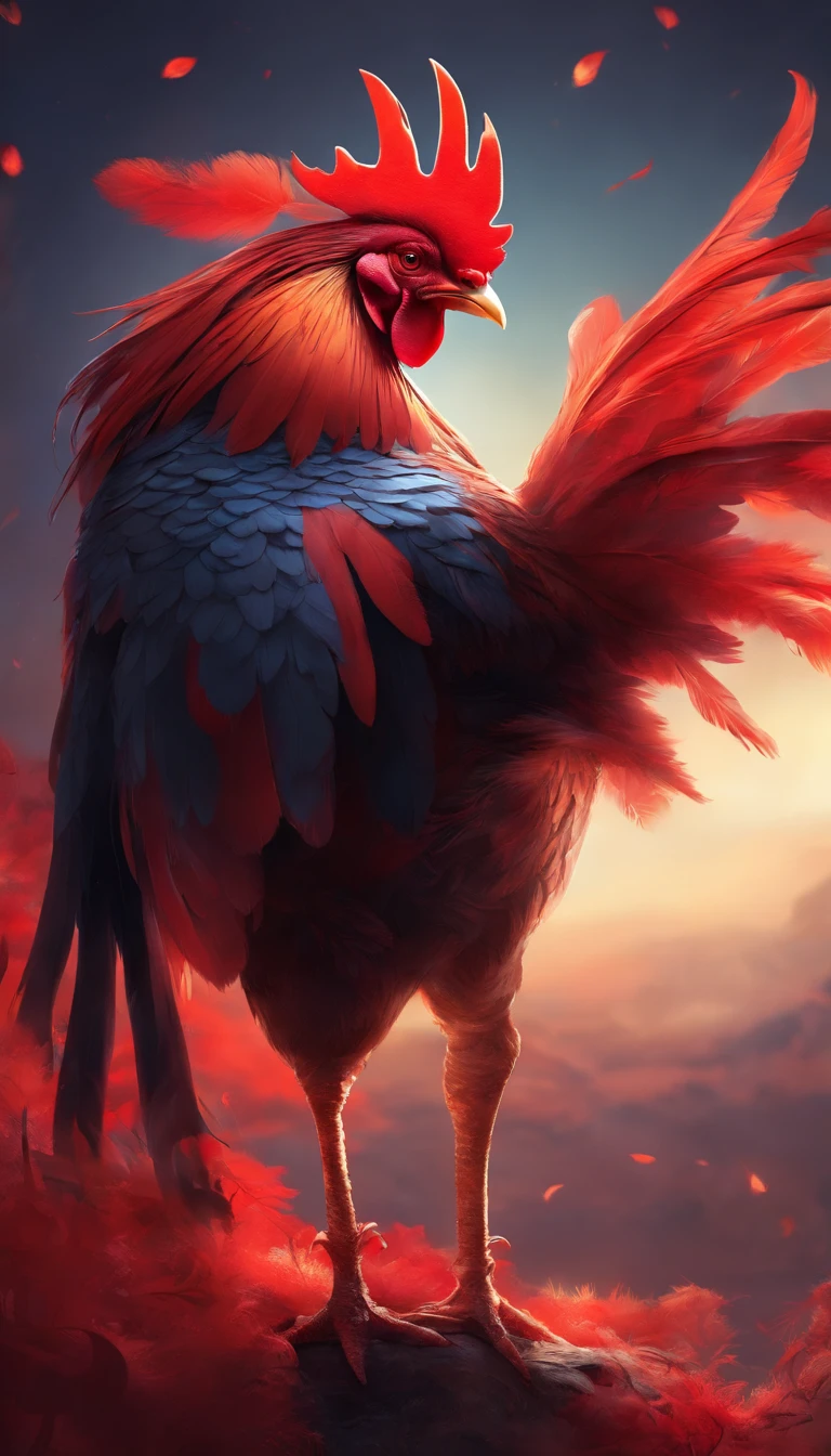 chicken,anthro rooster,Red organ,Black-red feathers,with light glowing.3D,Realiy,8K