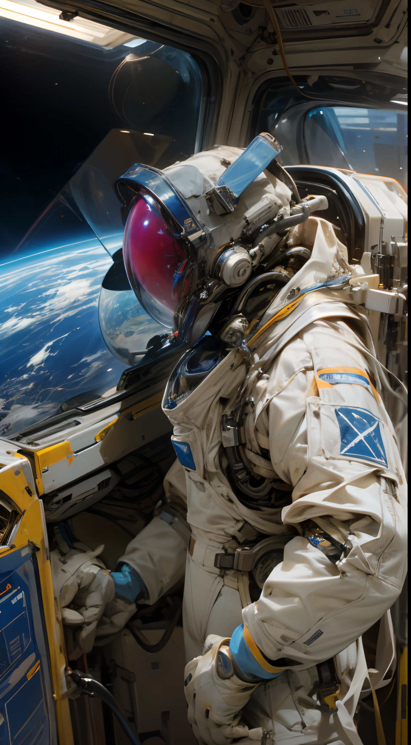 The astronaut，Stand on the blue planet，Surrounded by high-tech products，Astronauts are tall，The background is beautiful space