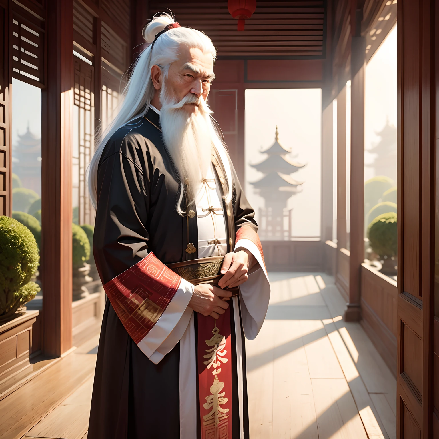 In Chinese style, the background is inside the palace, an old man with long white hair, long beard, holding a bamboo book