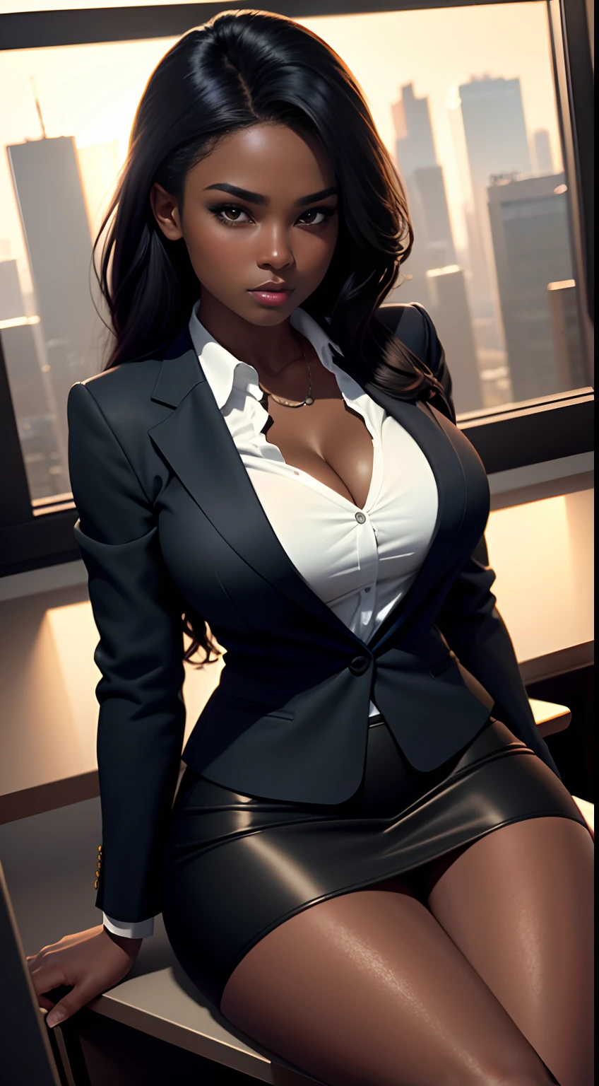 Solo, female, woman, dark skin, glasses, glossy lips, black eyeliner, thick eyelashes, office uniform, upper body shot, big breasts.