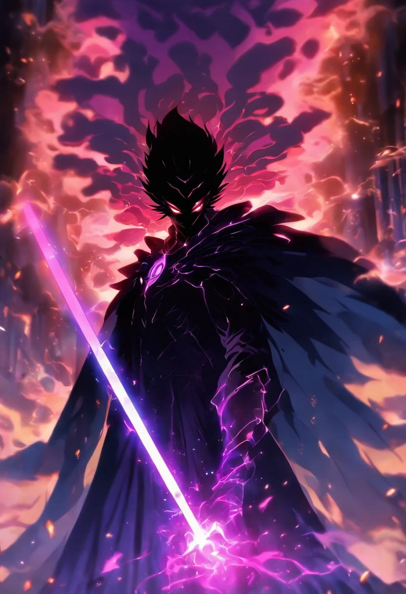 um ser imponente, de estatura alta e esguia, covered by a black robe that seems to absorb all the light around it. His face is hidden by a dark hood, And his eyes glow with a sinister energy that emanates magical power. Her hands are pale and thin, holding an ebony staff studded with black gems, that radiates a menacing magical aura.