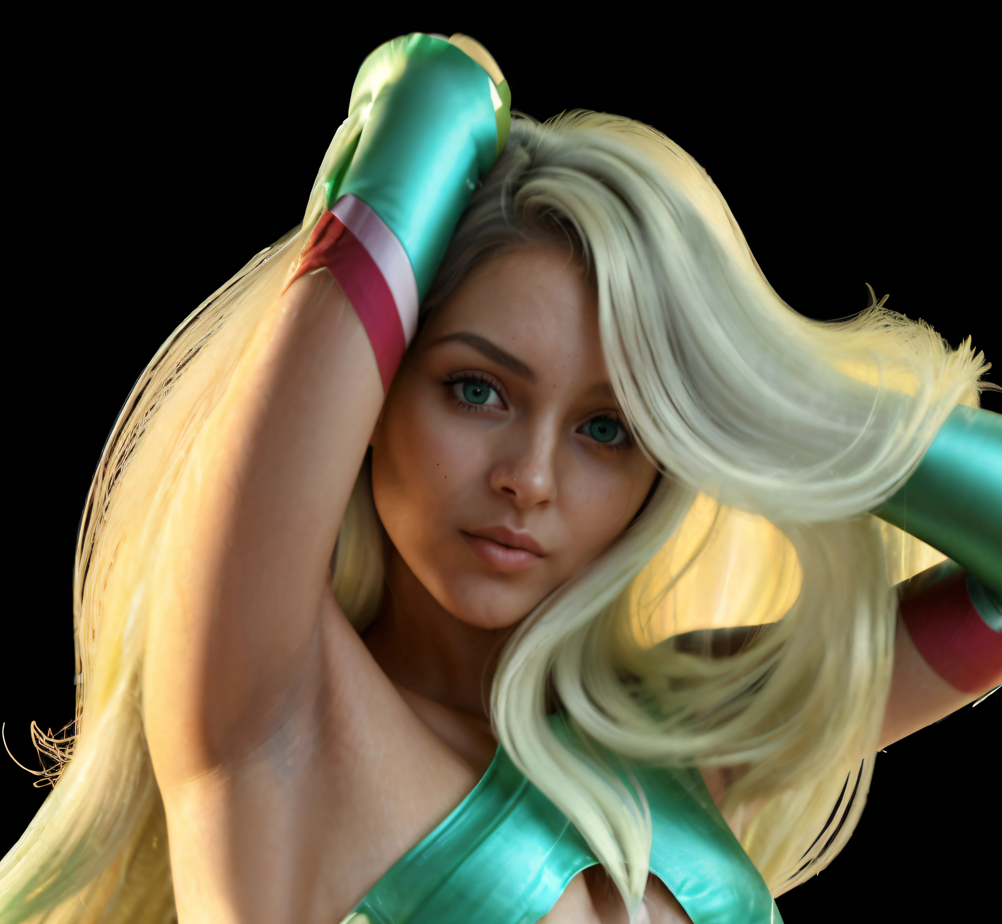 mulher jovem de 30 anos com uma beleza jovem e europeia, Beautiful green-eyed woman with symmetrical face, melhorar a qualidade sem alterar a imagem, render profissional foto realista mulher de 30 anos seios medios, textura de pele foto realista, textura de cabelo loiros naturais com textura foto realista, terno futurista, texturas realistas, ultra realista, hiper realista, realismo absurdo, cabelos longos extremamente realsitas.